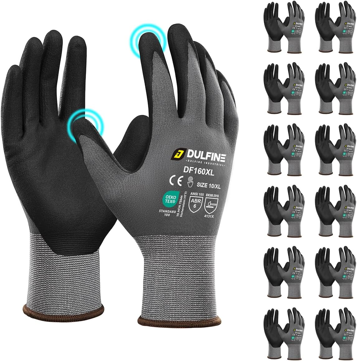 DULFINE Microfoam Nitrile Coated 12 Pairs Work Gloves for Men Grey L