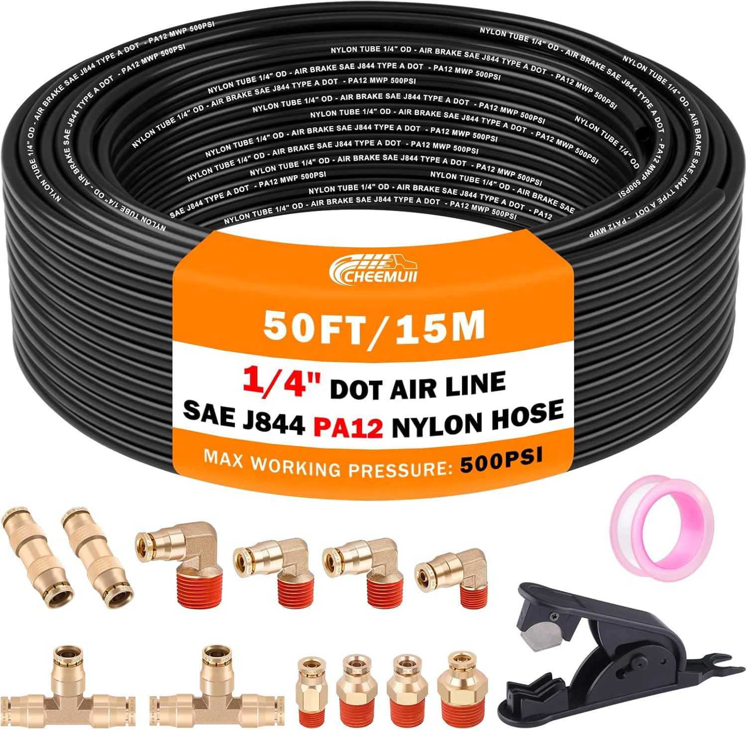 12 Pcs 1/4 Brass DOT Air Fittings with 50 FT 1/4