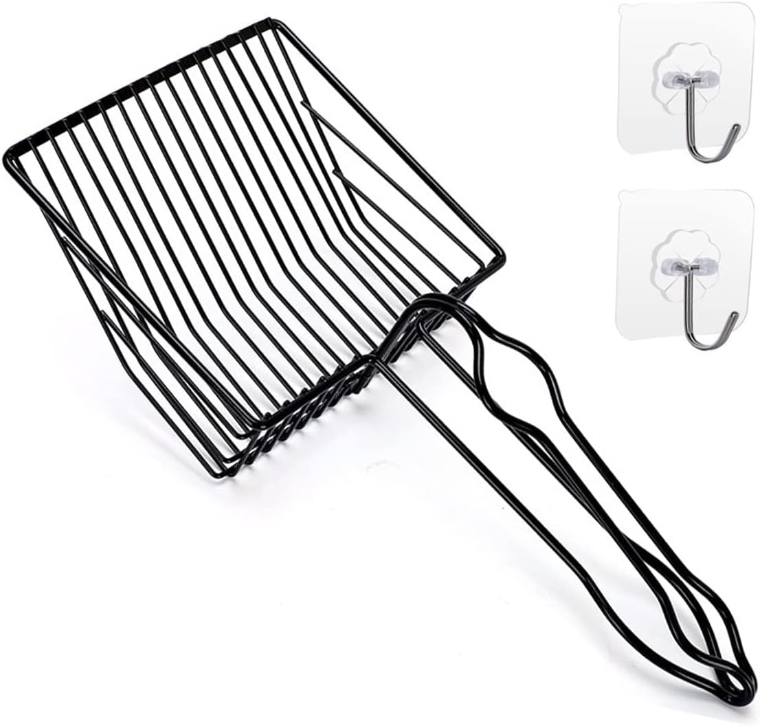 Metal Cat Litter Scoop, Fast Kitty Box Pooper Scooper with Holder, Deep Large Shovel, Upgraded with Flat Head and a Comfy Thumb Hole in Long Handle