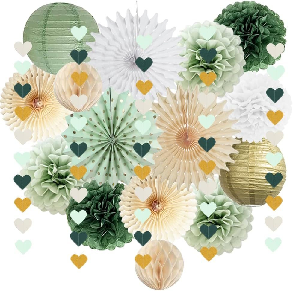 Sage Green Gold and White Party Decorations Christmas Paper Decorations Sage Green Paper Pom Poms Fans Lanterns Love Heart Garland for Birthday Baby Shower Wedding Bridal Shower Party Decor