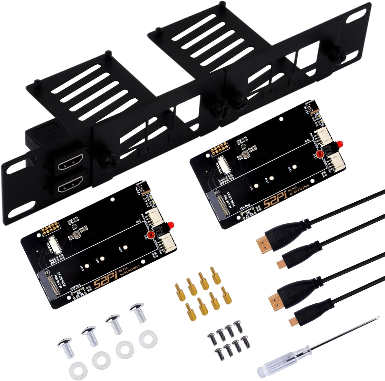 10 Inch 1U Rack Mount for Raspberry Pi 5, with 2PCS Pcie to M.2 Nvme SSD Adapters, Supports up to 2 Pi 5 Boards, Compatible with Deskpi Rackmate T0/T1/T2 Server Cabinet