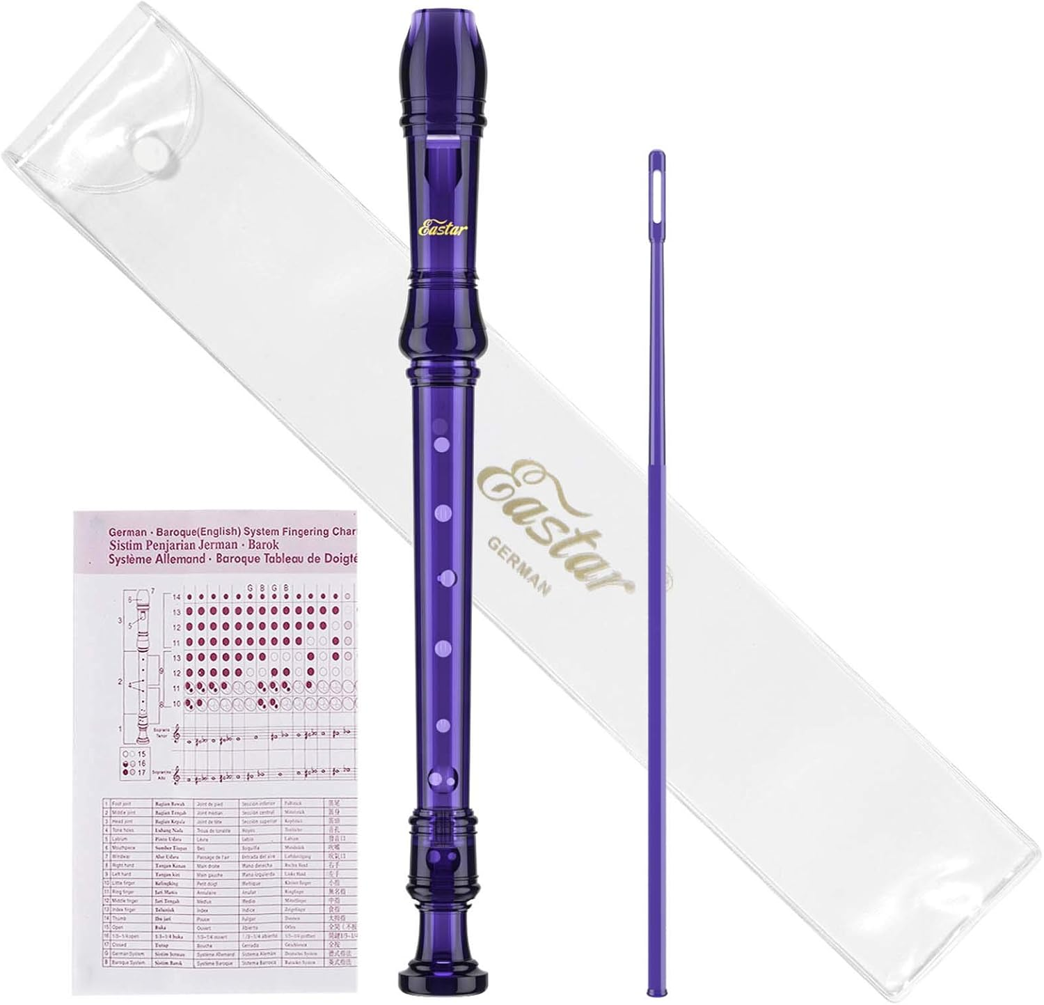 Soprano Recorder Instrument for Kids Students Beginners, German Fingering C Key with Cleaning Kit, Storage Bag, Fingering Chart, Ers-1Gpu, Purple, School-Approved