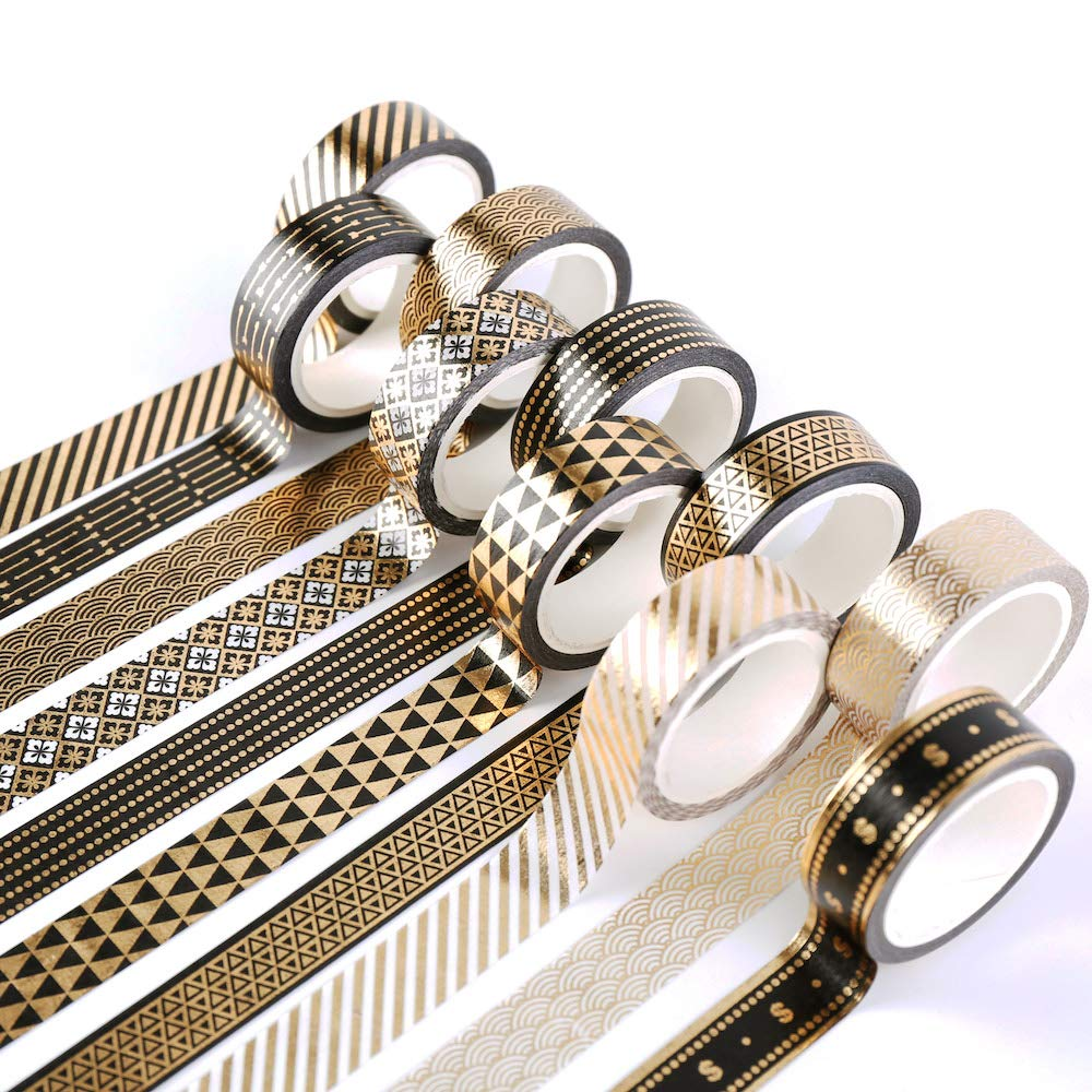 10 Rolls Washi Tape Set Black Gold Foil Print Decorative Tapes for Arts, DIY Crafts, Bullet Journals, Planners, Scrapbook, Wrapping (15Mm) (Black Gold X 10 Rolls)