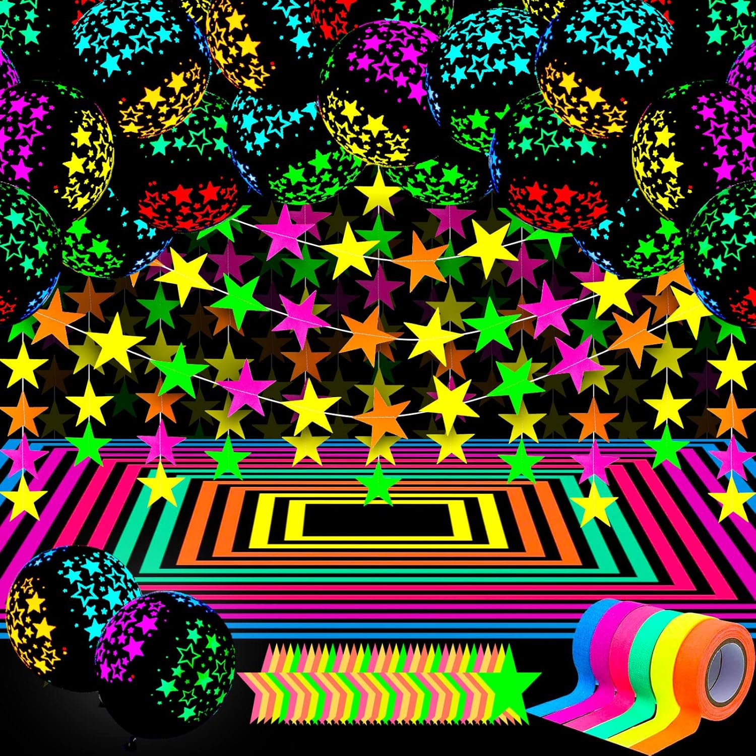 32 Pcs Glow in the Dark Party Supplies Christmas Neon Party Favors with 25 Fluorescent Balloon 6 Rolls 98.4 Ft UV Blacklight Luminous Tape 14.4 Ft Neon Streamer Garland for Adults(Cute Star)
