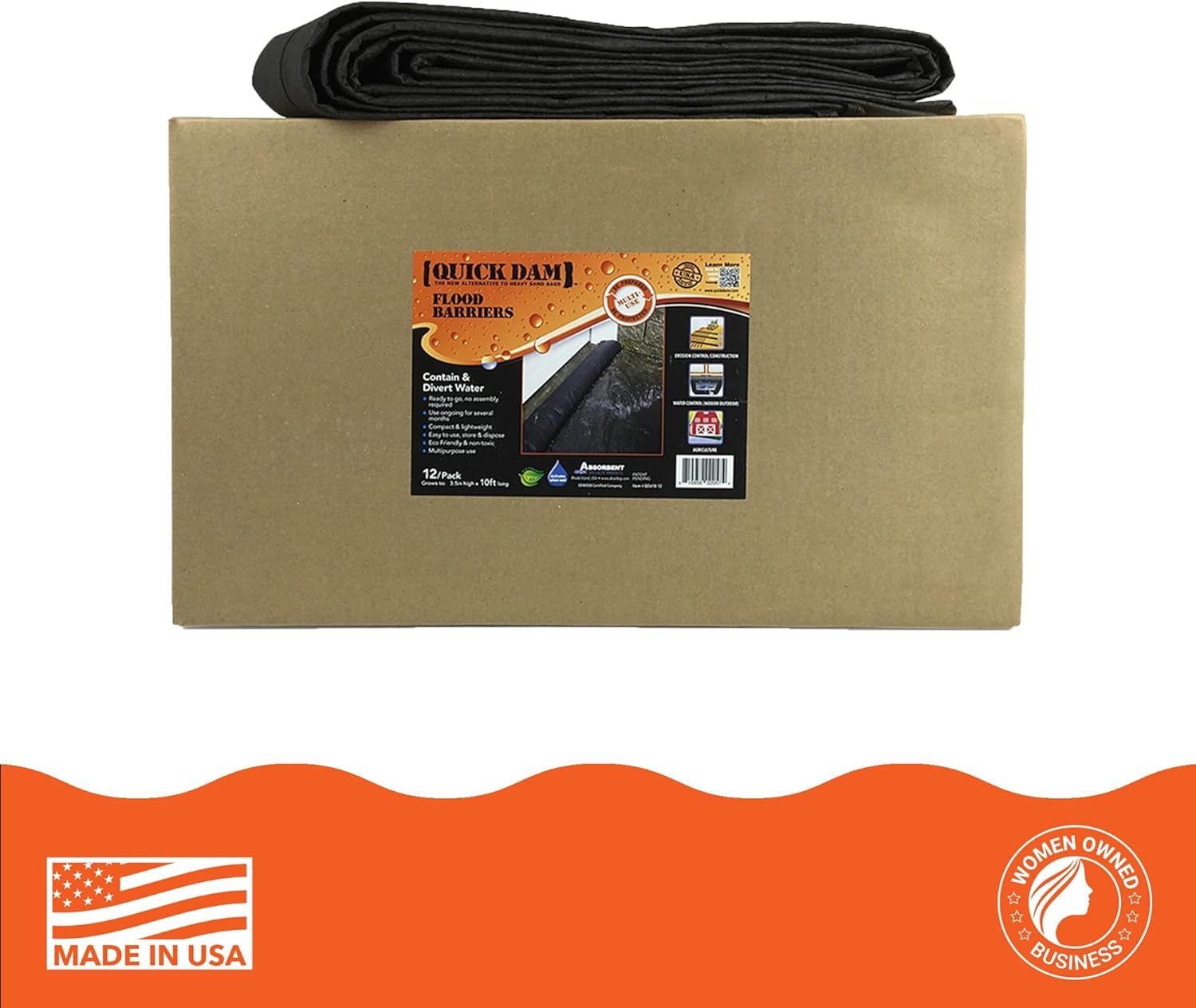 Quick Dam QD610-12 Water-Activated Flood Barrier-10 Feet-12/Pack, 12 Pack, Black, 12 Count