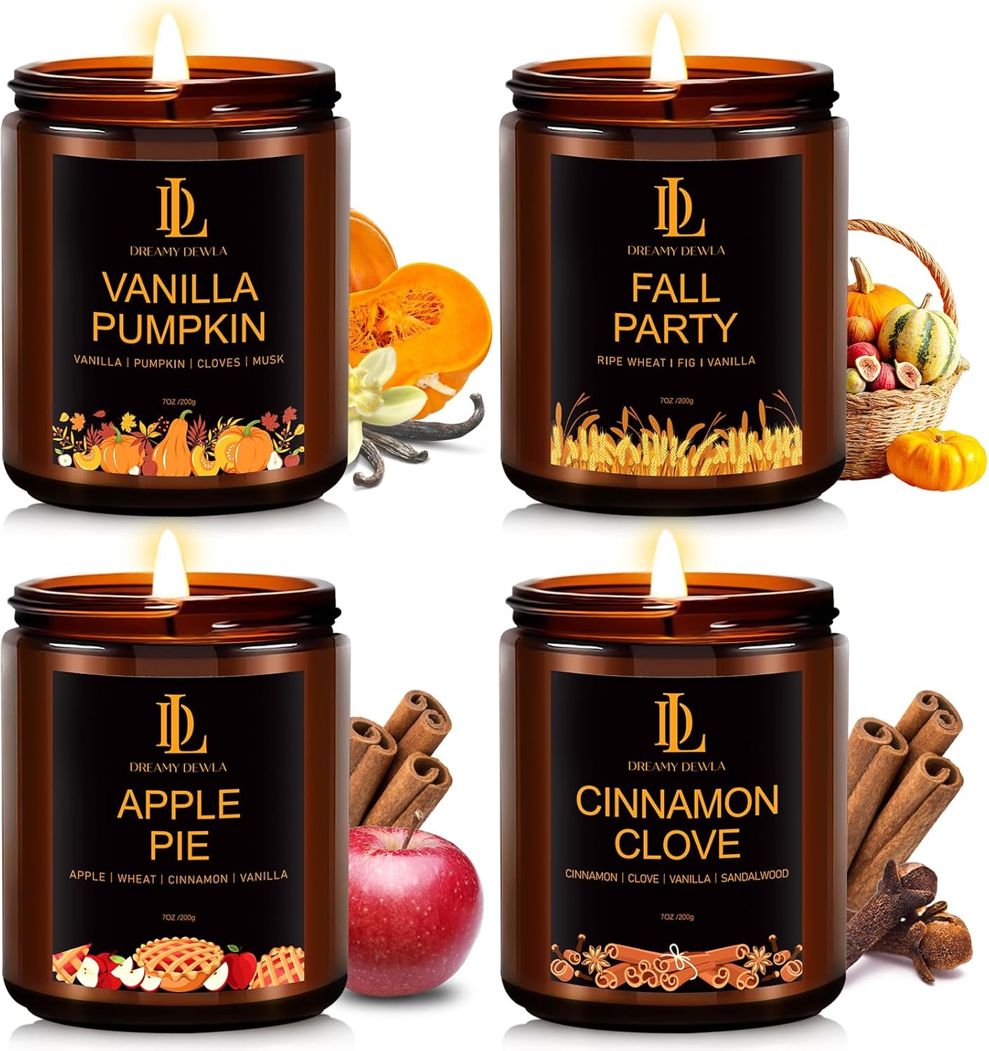 Velas Aromaticas Otono Set 4Vainilla Calabaza Canela Manzana Regalo Hogar Fiesta