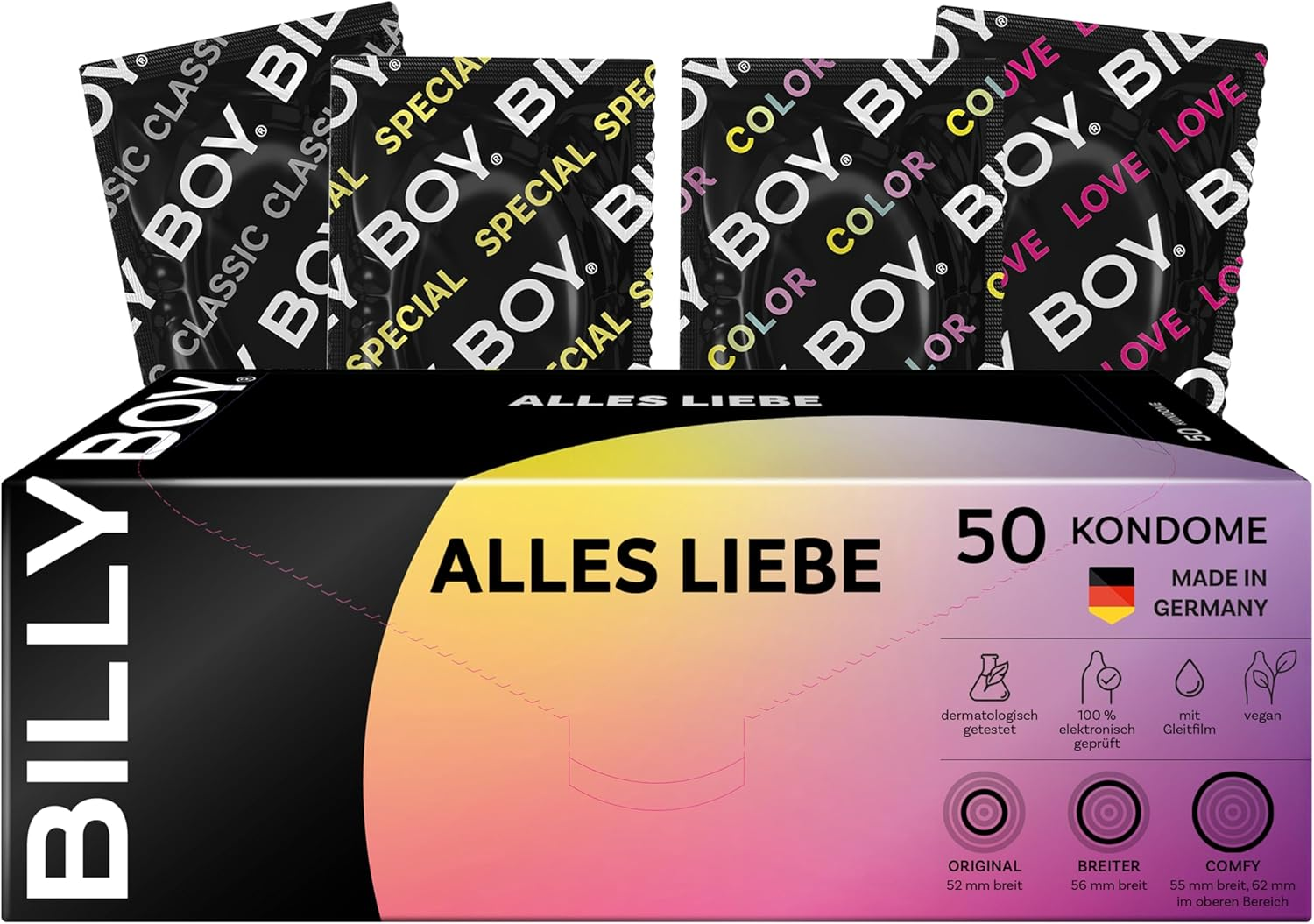 BILLY BOY Kondome Alles Liebe 50Er | 52 Mm, 55 Mm, 56 Mm | Kondommix in Verschiedenen Passformen | Transparent, Farbig, Fruchtig, Rippen/Perl & Mit Integriertem Ring | 1X50 Stück