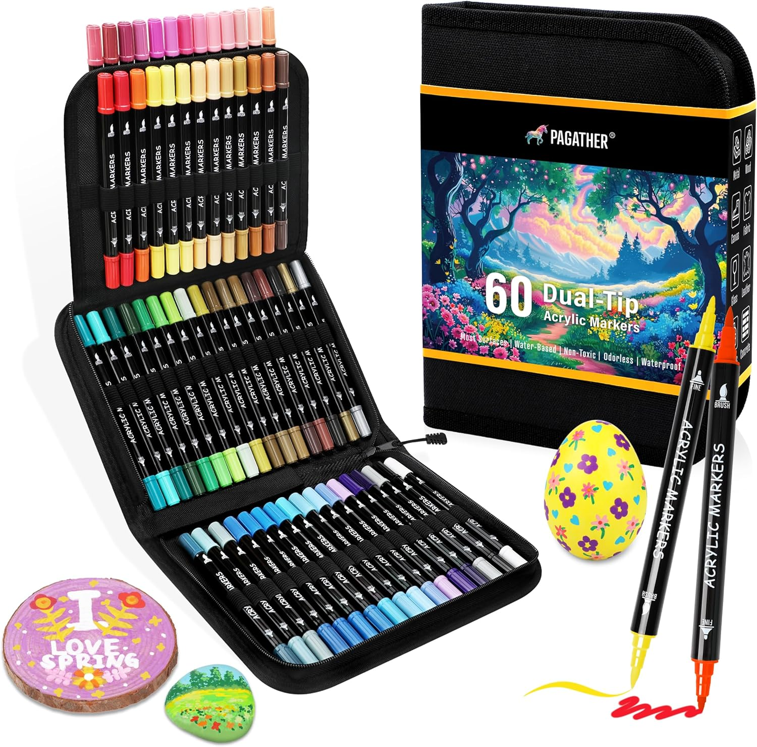 60 Colors Acrylic Paint Markers, Dual Tip with Fine Tip and Brush Tip Pens for Fabric, Stone, Wood, Canvas, Ceramic, Metal, Glass, Rock Painting, DIY Crafts Art Supplies Kit