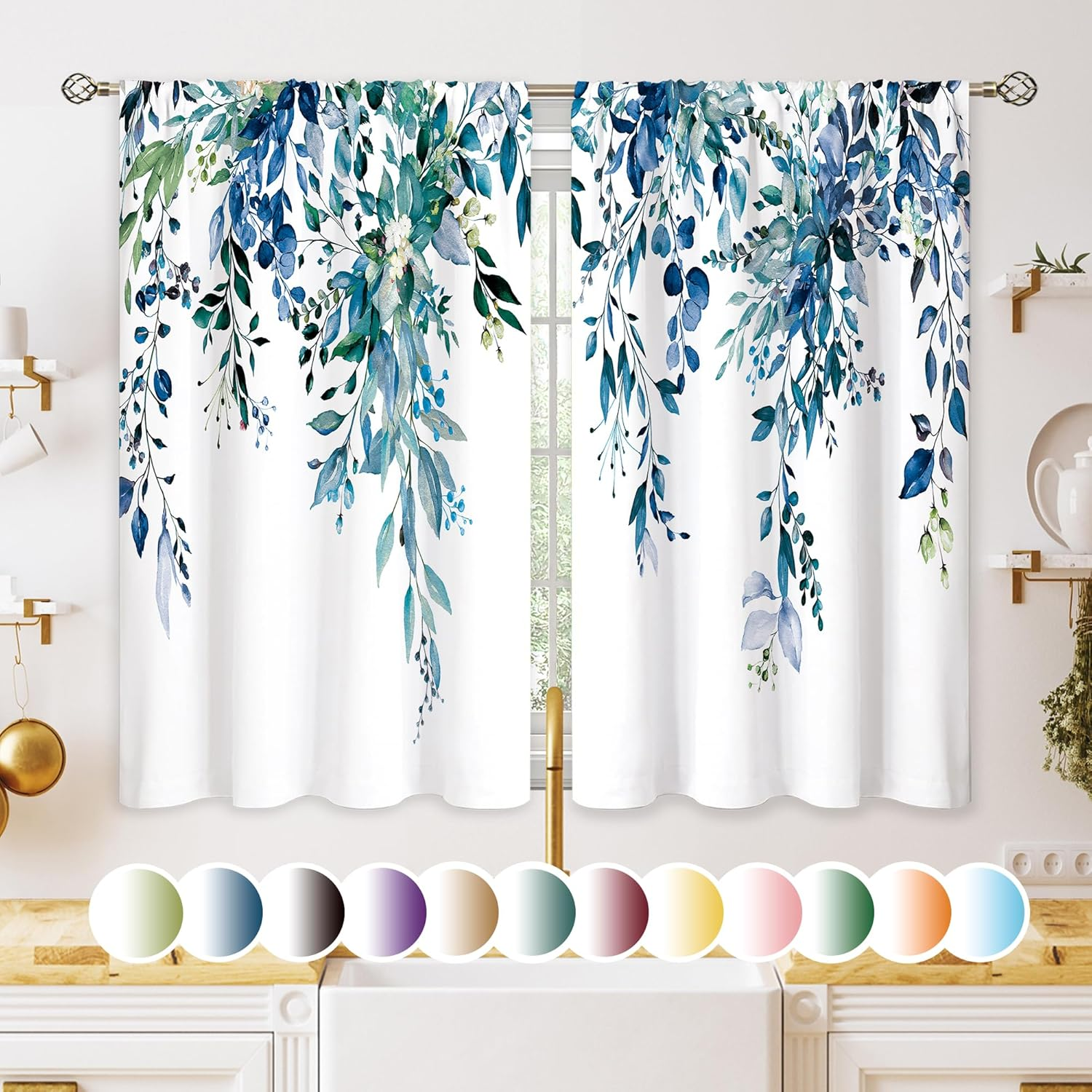 Teal Eucalyptus Botanical Leaves Floral Small Kitchen Curtains Blue Flower Window Treatment Wildflower Plant Cafe Short Window Curtains for Bathroom Room Tier Treatment Drapes 26X36 Inch