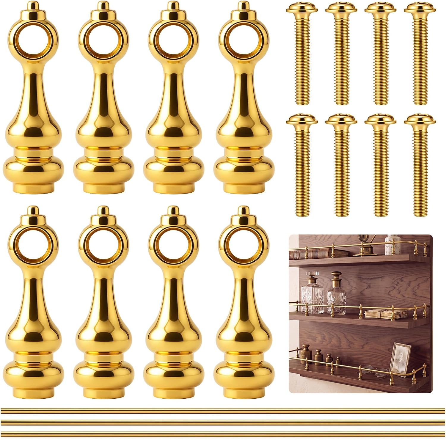 Hicarer 8 Pcs Railing Bracket Spindles for Shelves with 3 Pcs 15'' Rods and 8 Screws Brass Gallery Rails for Shelves Railing Furniture Cabinet Connector for Bar Cart and Glass Cabinet Bookcases