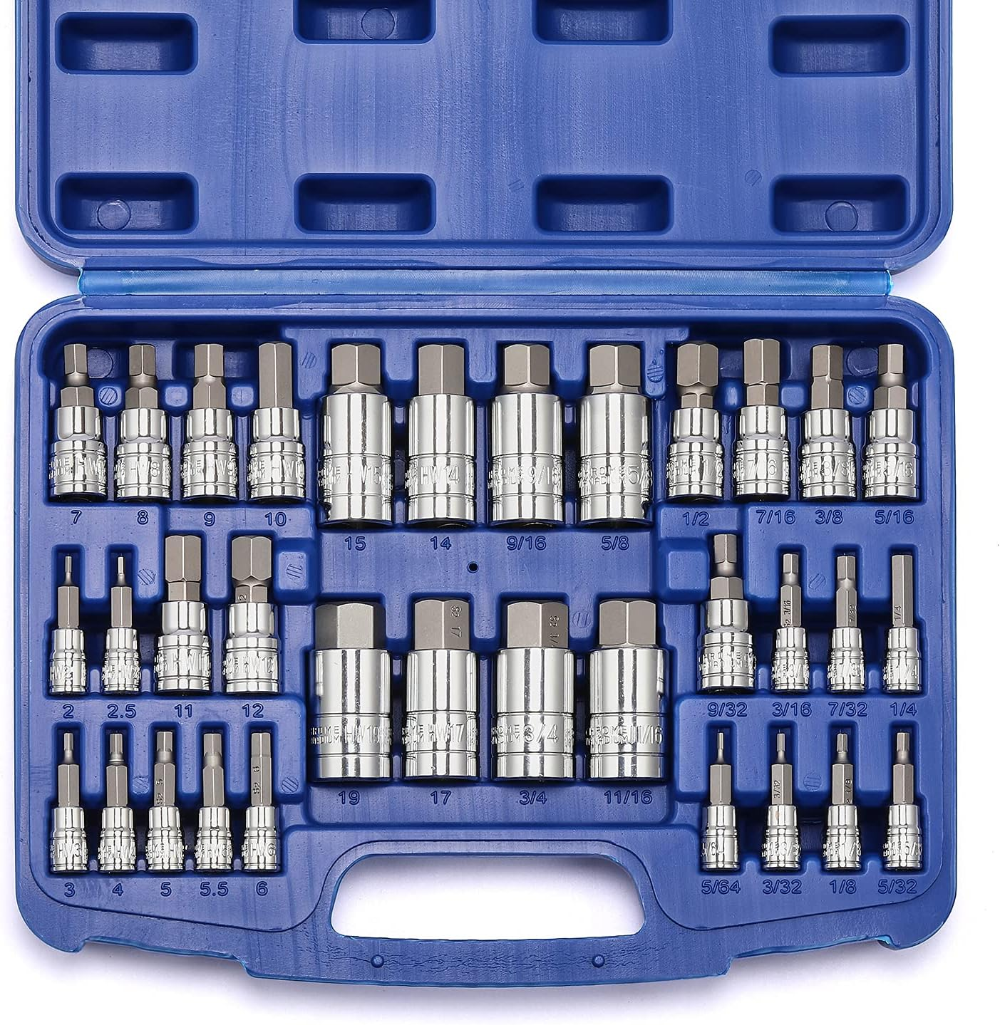 33 Piece Hex Bit Socket Set, S2 Steel, SAE and Metric, Socket Tool Kit