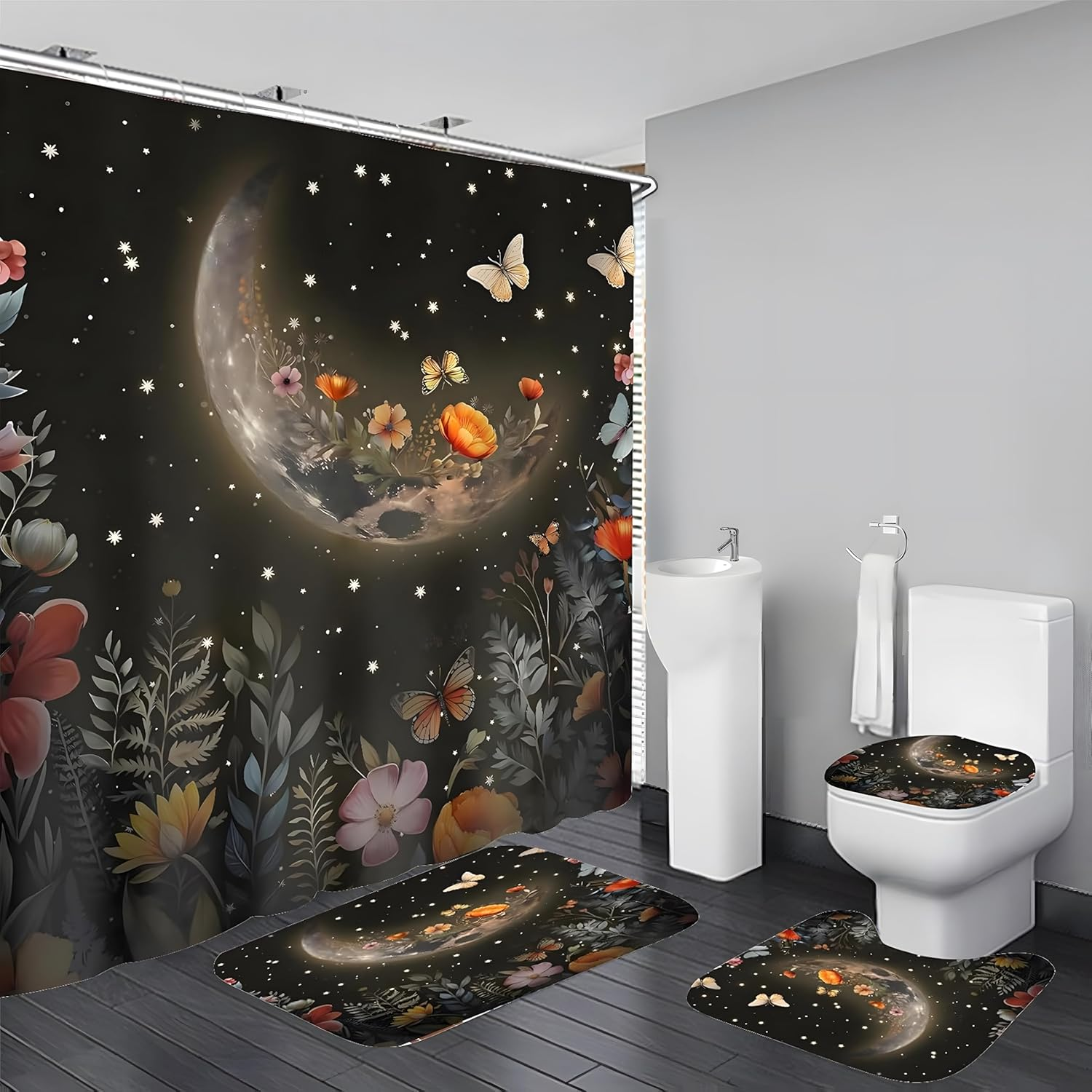 4Pcs Moon Shower Curtain Set Black Shower Curtain and Rug Set Colorful Floral Bathroom Sets with Rugs,12 Hooks for Bathroom Decor