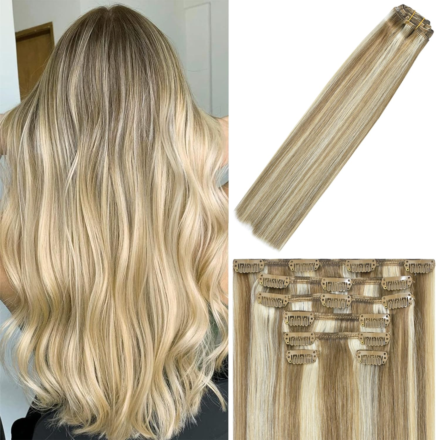 Extensiones de cabello humano con clip, rubio decolorado mixto, 18 pulgadas