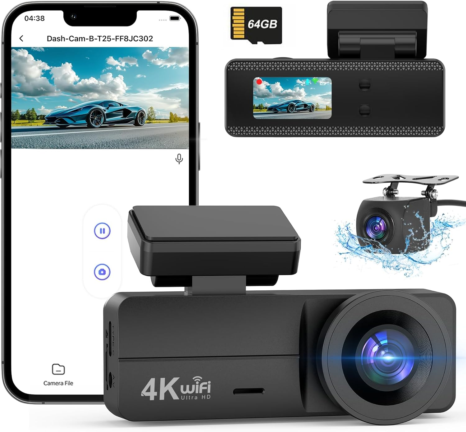 4K Dash Cam Front and Rear, Wifi Dash Cam with 64GB Card, 4K+1080P Dash Camera for Cars, Wifi Car Camera with App Control, 1.47