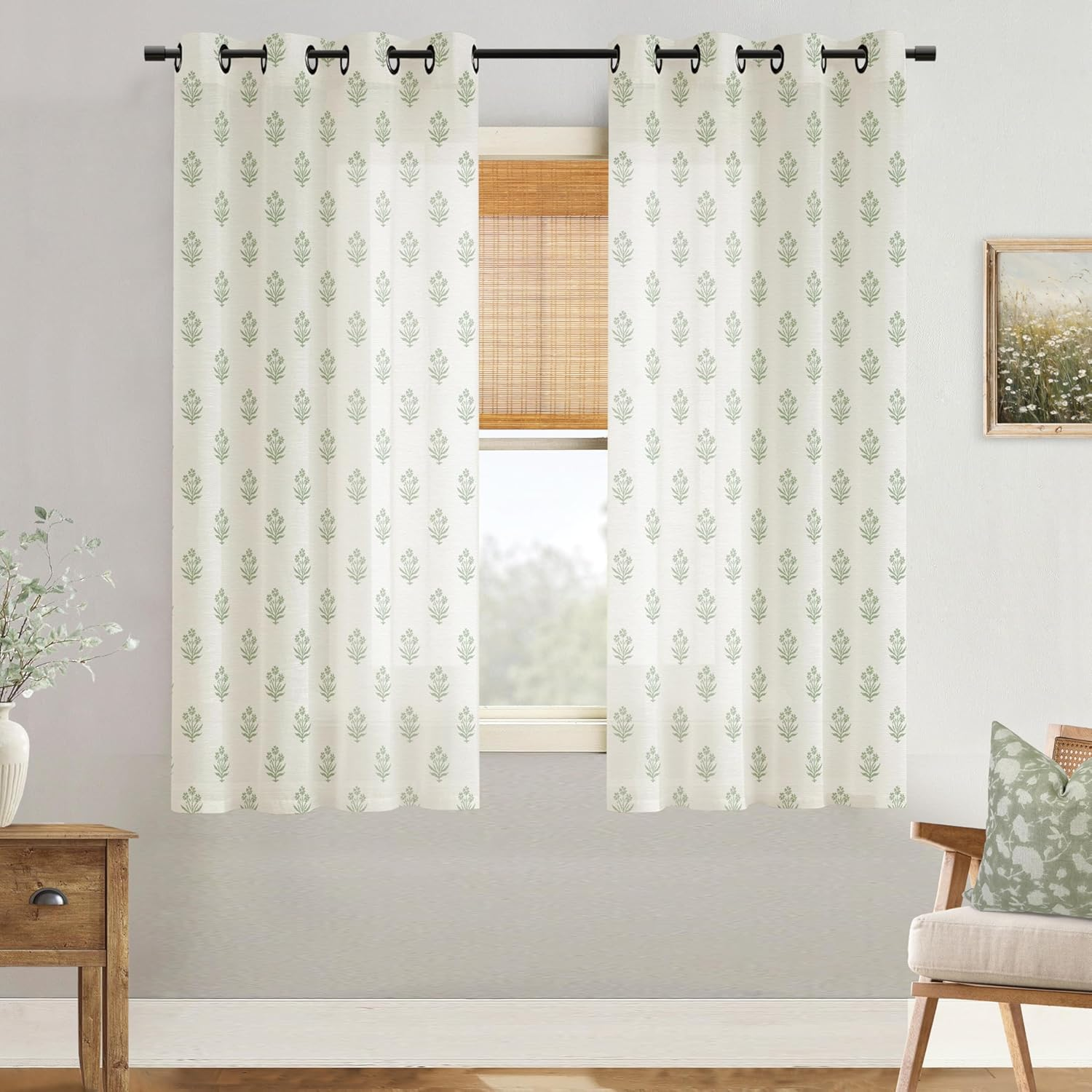 Cream and Light Green Curtains 63 Inch Length,Sheer Floral Print Patterned Ivory