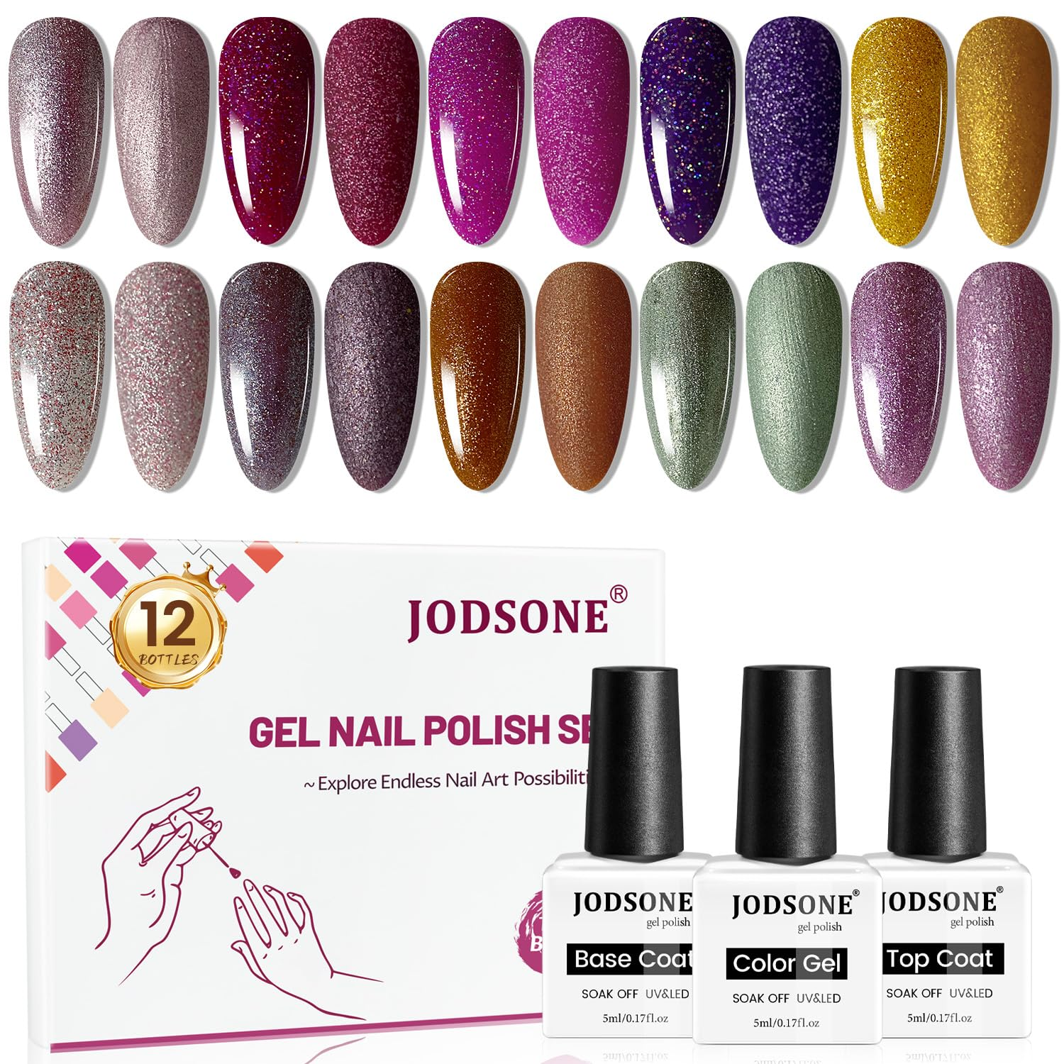 12 Bottles Gel Nail Polish Set with Base Coat and Top Coat Great Holiday Gift for Ladies and Girls