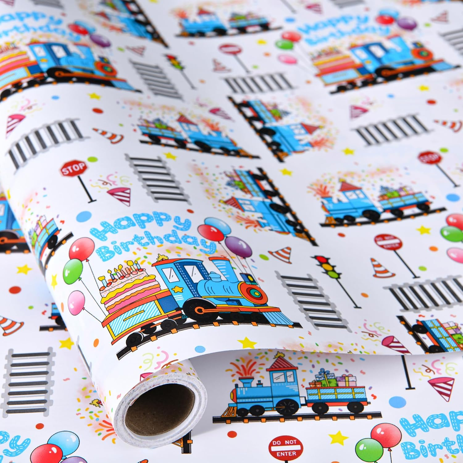 Train Wrapping Paper - 17 in x 16.5 ft - Birthday Train Gift Wrap for Kids, Toddlers, Train Party Supplies & Decorations