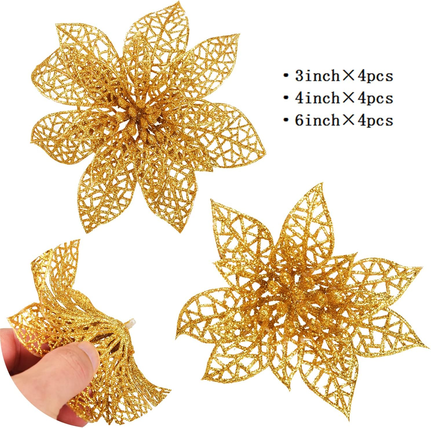 Euvoym 12 Pieces Gold Christmas Large Poinsettia Glitter Flower Tree Hanging ... - Picture 3 of 15