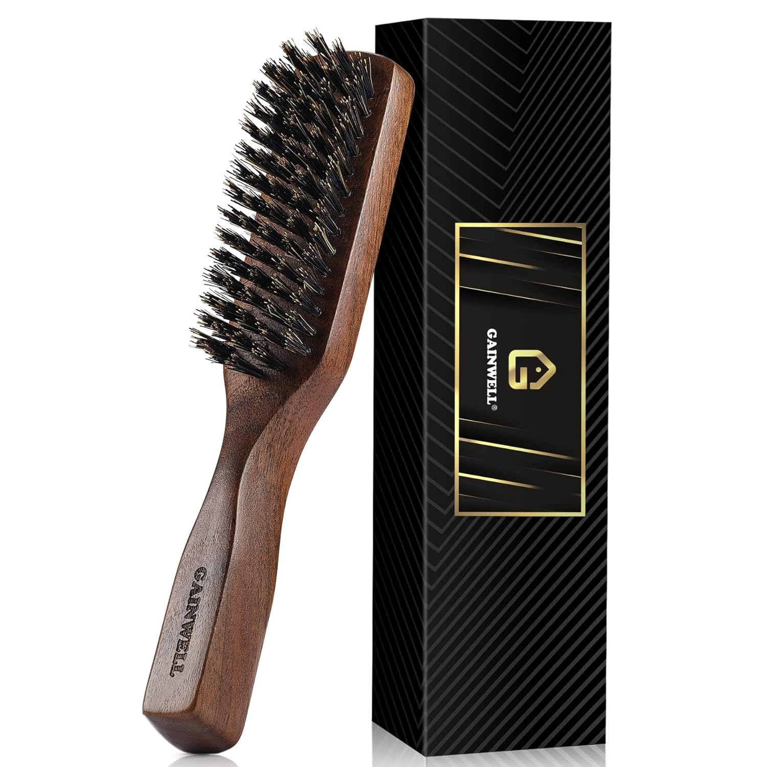 Mens Wild Boar Bristle Hair Brush for Men - Slick Back Hair Brush - Stiff Bristles for Thick Hair, Natural Black Walnut Wooden Handle Hairbrush, Beard Mustache Brush Comb by