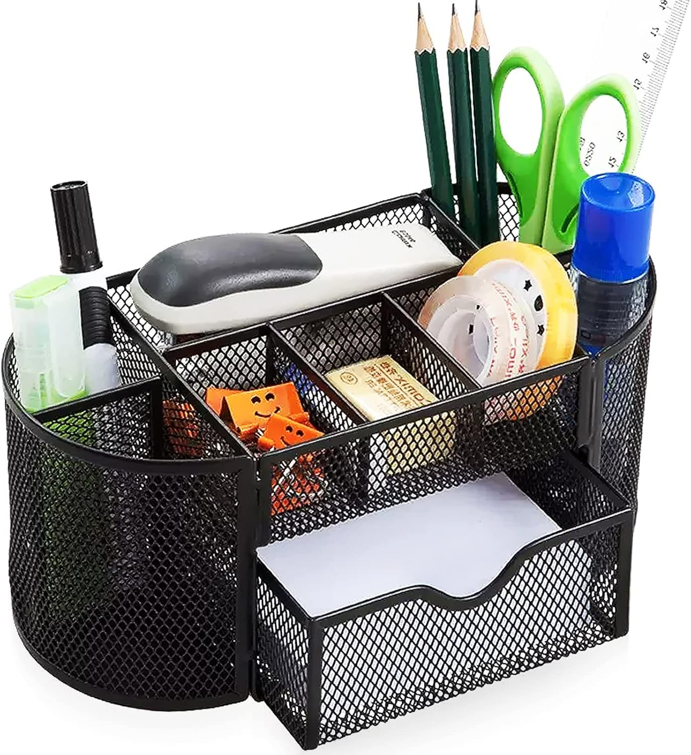 Mesh Desk Organizer Desktop Office Supplies Multi-Functional Caddy Pen Holder Stationery with 8 Compartments and 1 Drawer for Office, Home, School, Classroom (Black)