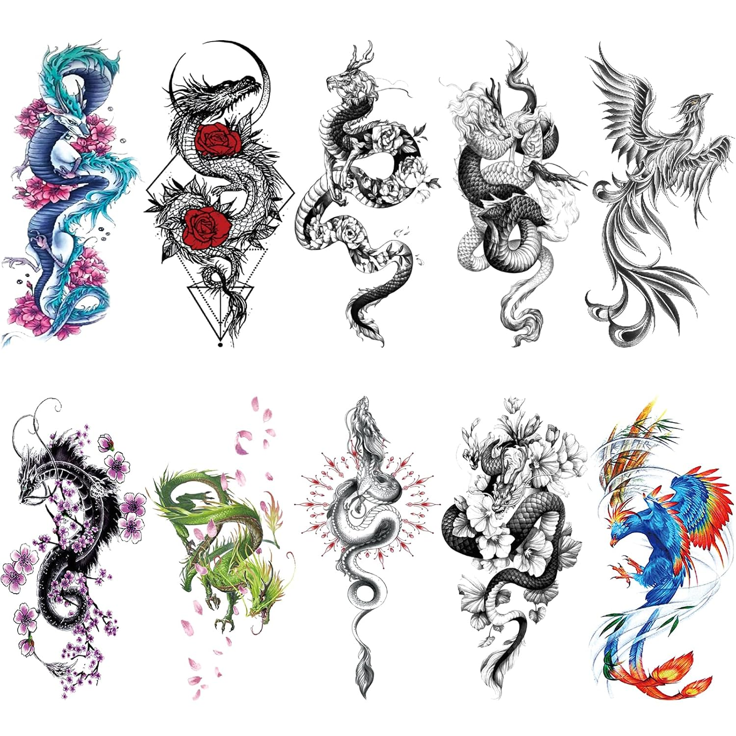 10 Sheet Realistic Chinese Floral Dragon Temporary Tattoo for Women Adult