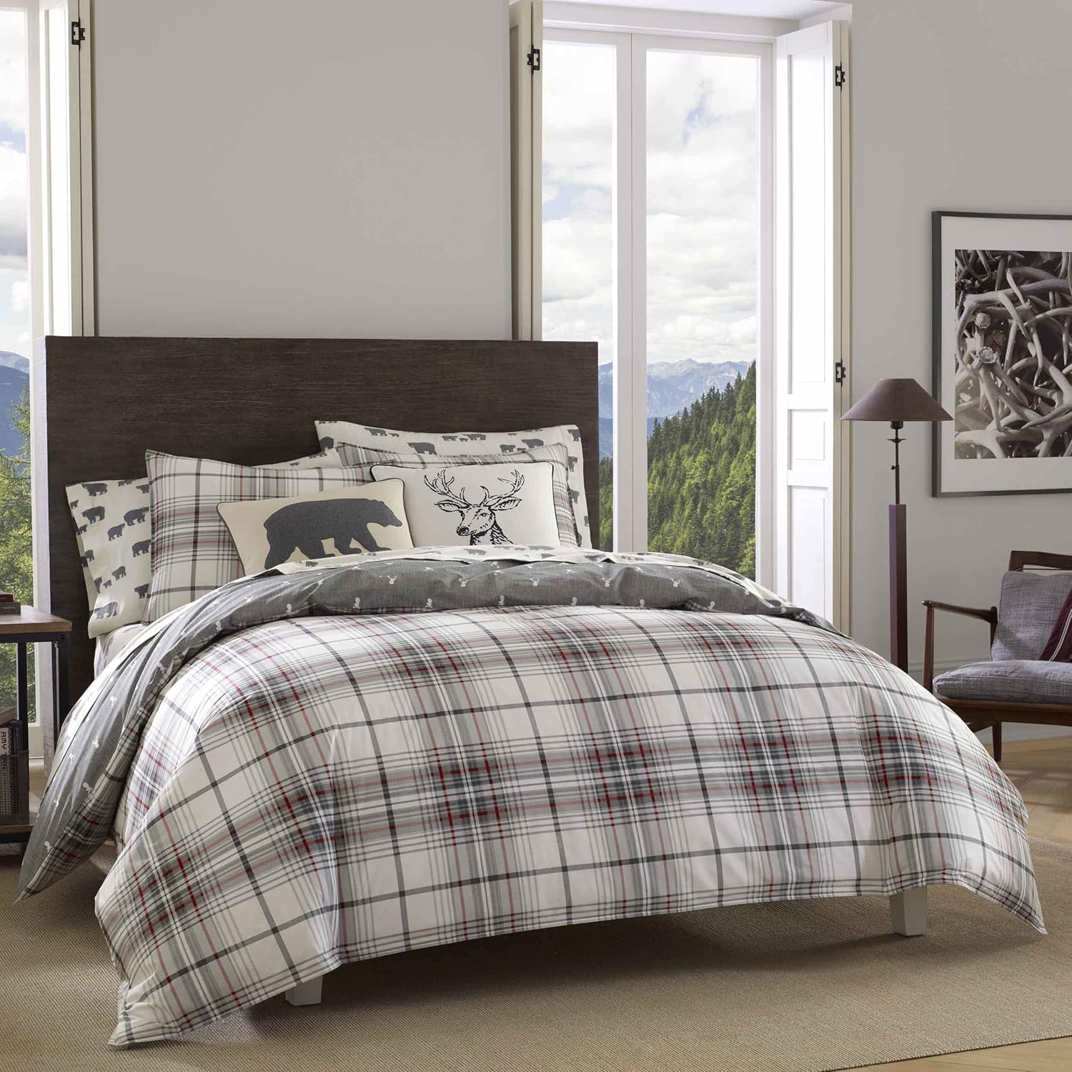 - Queen Duvet Cover Set, Reversible Cotton Bedding with Matching Shams, Plaid Bedding Set (Alder Grey/Red, Queen)