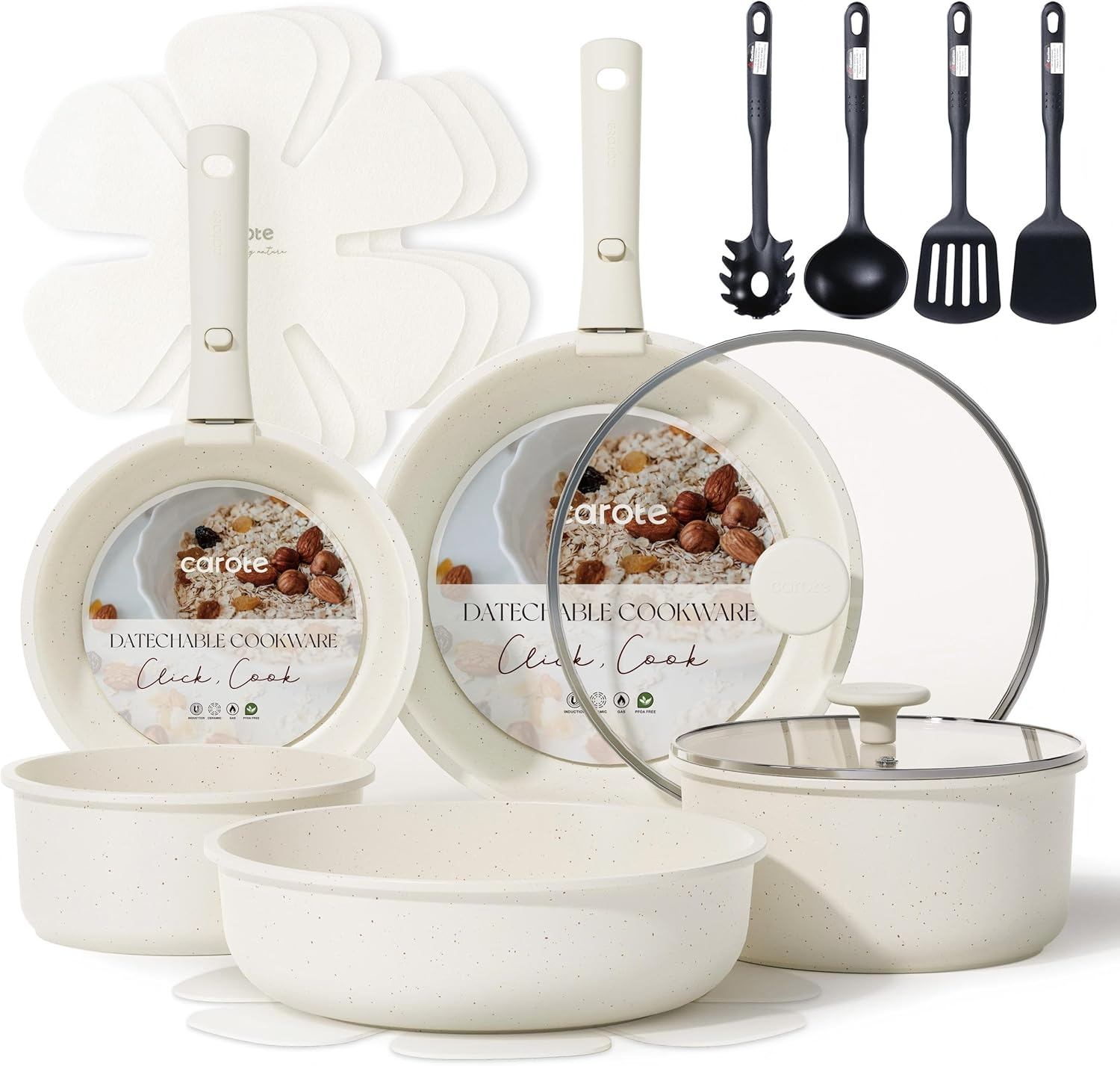 17Pcs Pots and Pans Set, Nonstick Cookware Set Detachable Handle, Induction Kitchen Cookware Sets Non Stick with Removable Handle, RV Cookware Set, Oven Safe