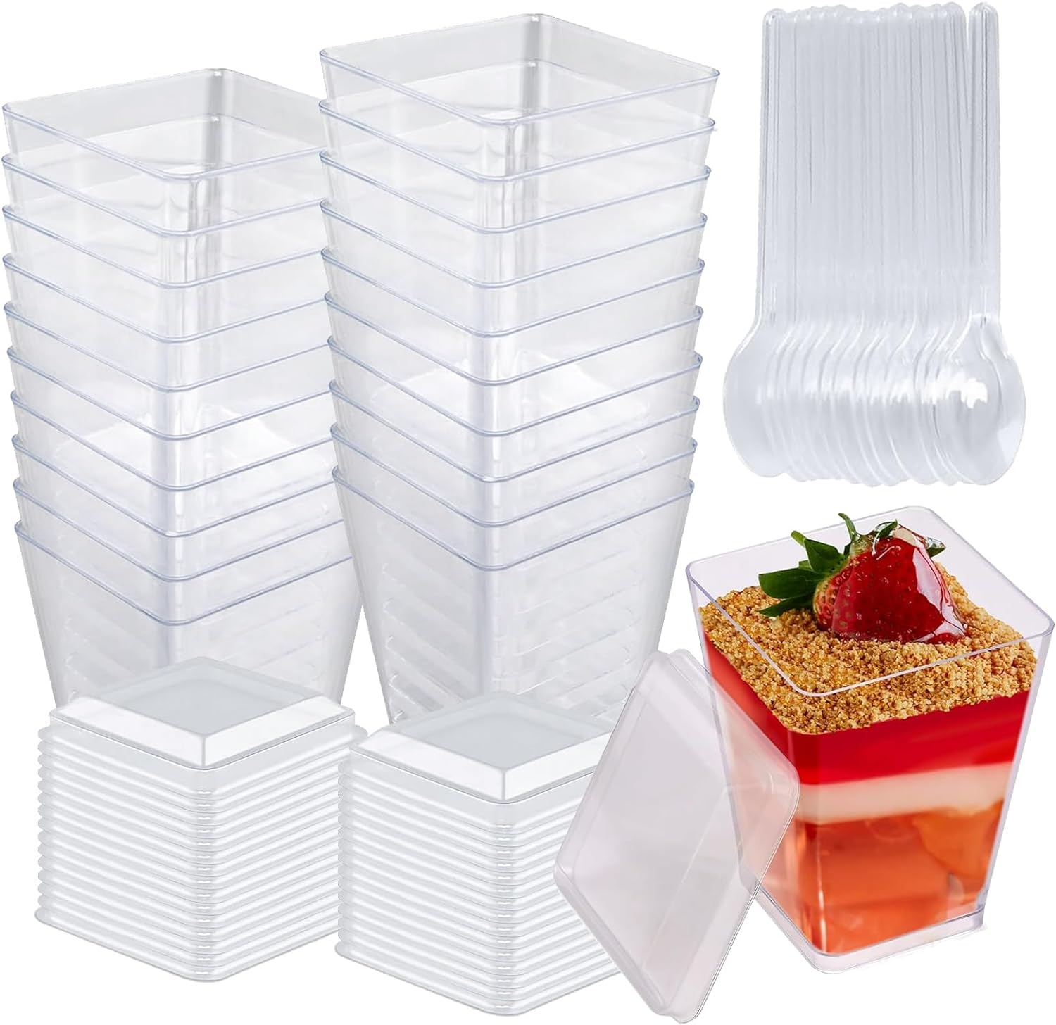 50 Pcs Dessert Cups, 200ml/7oz Clear Plastic Cups with Lids & Spoons, Small R... - Picture 12 of 13