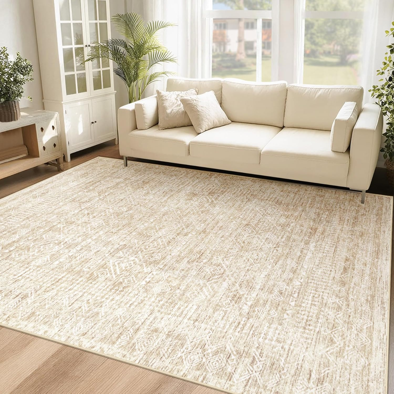 Moroccan Geometric Washable Area Rug 5'X7' for Home and Office (Beige)