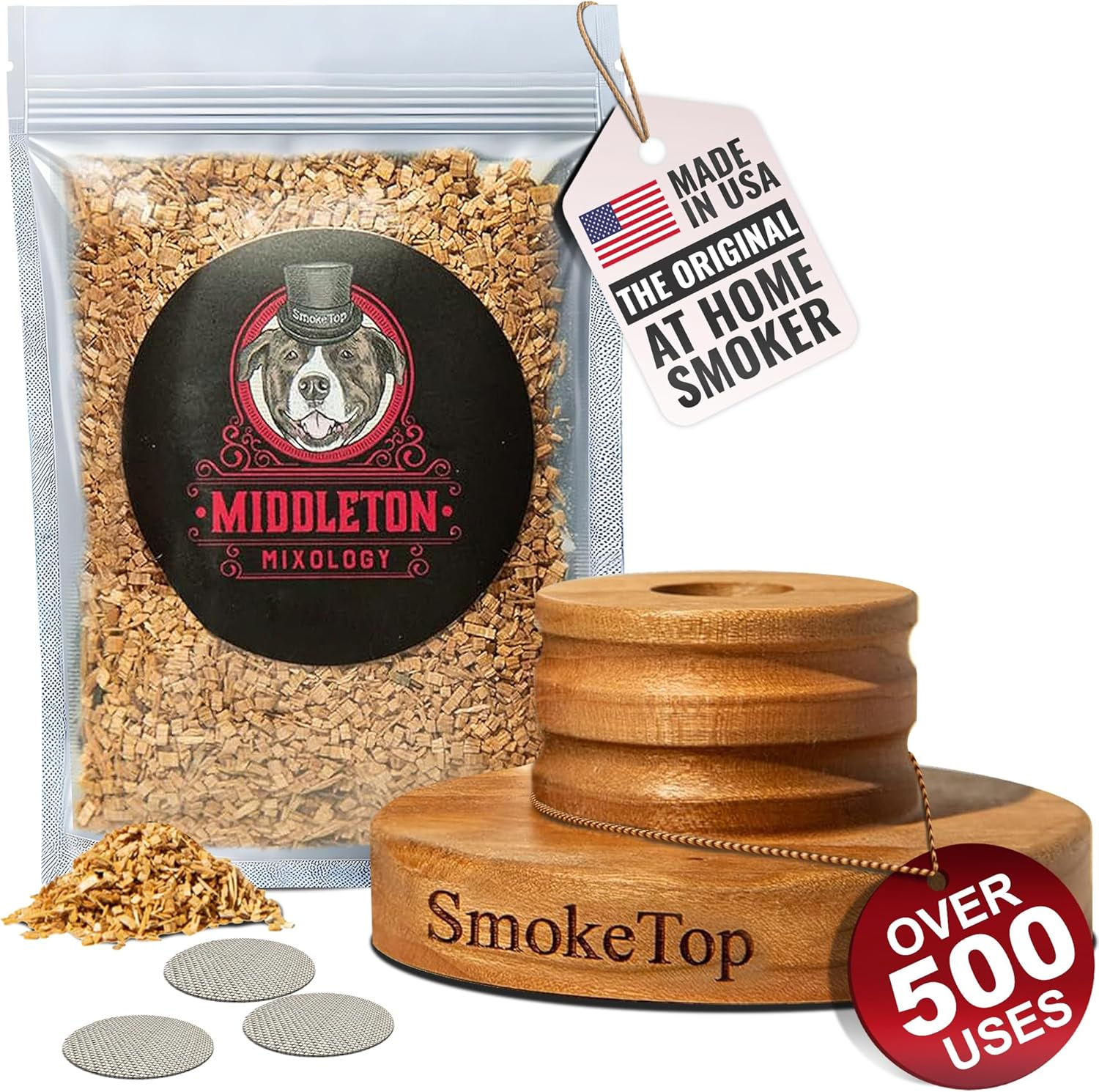 Smoketop Cocktail Smoker Kit - Old Fashioned Chimney Drink Smoker for Cocktails, Whiskey, & Bourbon with Sample Pack of Wood Chips - by Middleton Mixology