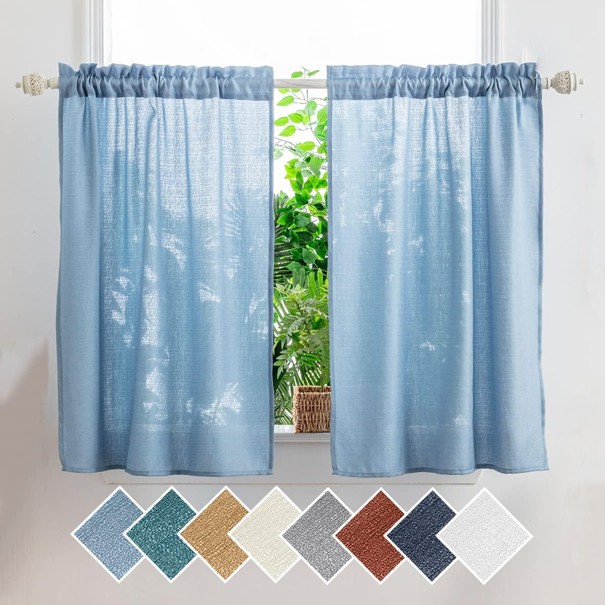 Blue Kitchen Tier Curtains 36 Inches Length Linen Textured Short Curtains Farmhouse Cafe Curtains Small Window for Bathroom Laundry Room(Blue,W24 X L36)