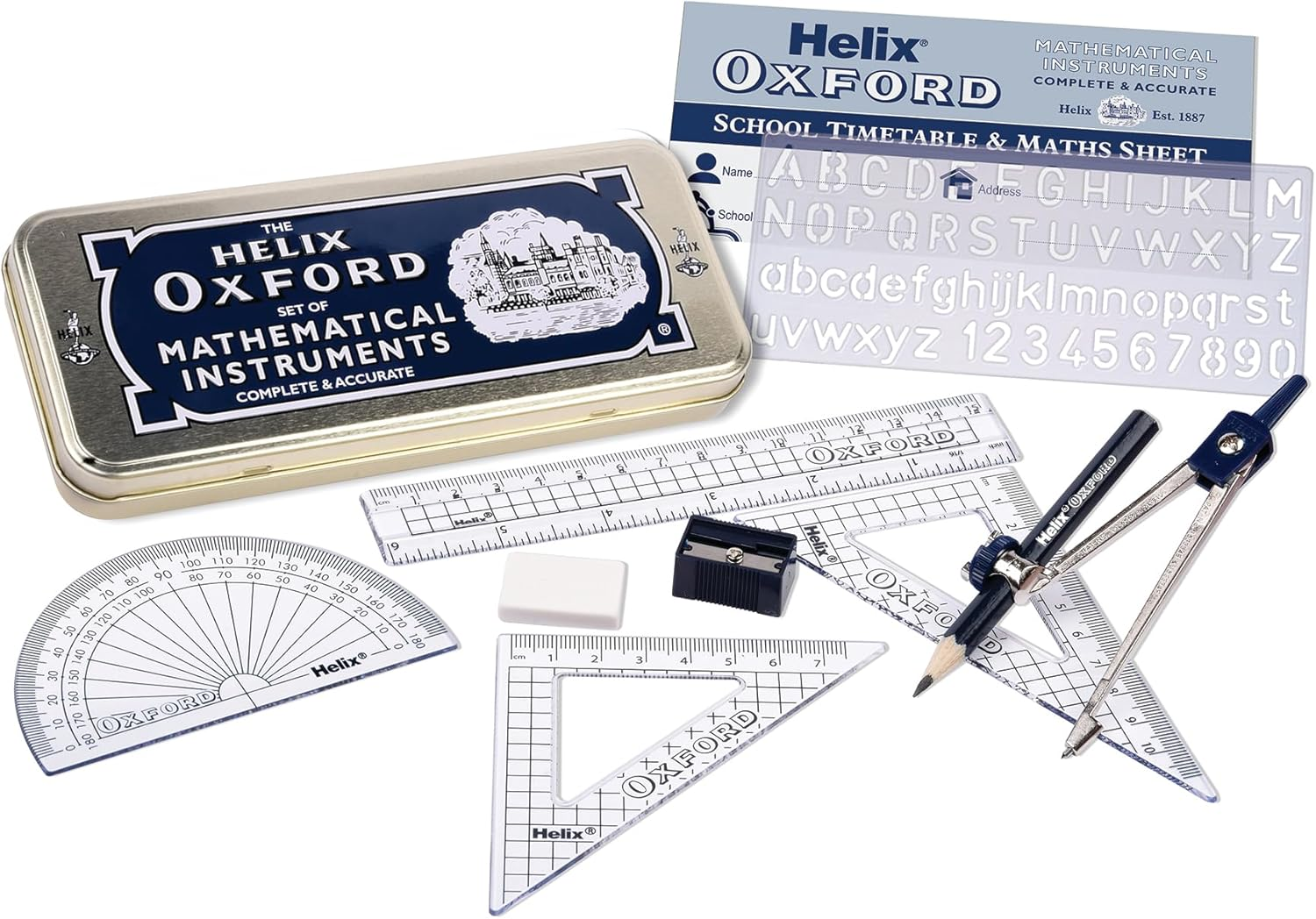 Helix Oxford Maths Set with Storage Tin - 10 Piece Maths Equipment Set - School Supplies Including Compass Ruler Protractor and Pencil