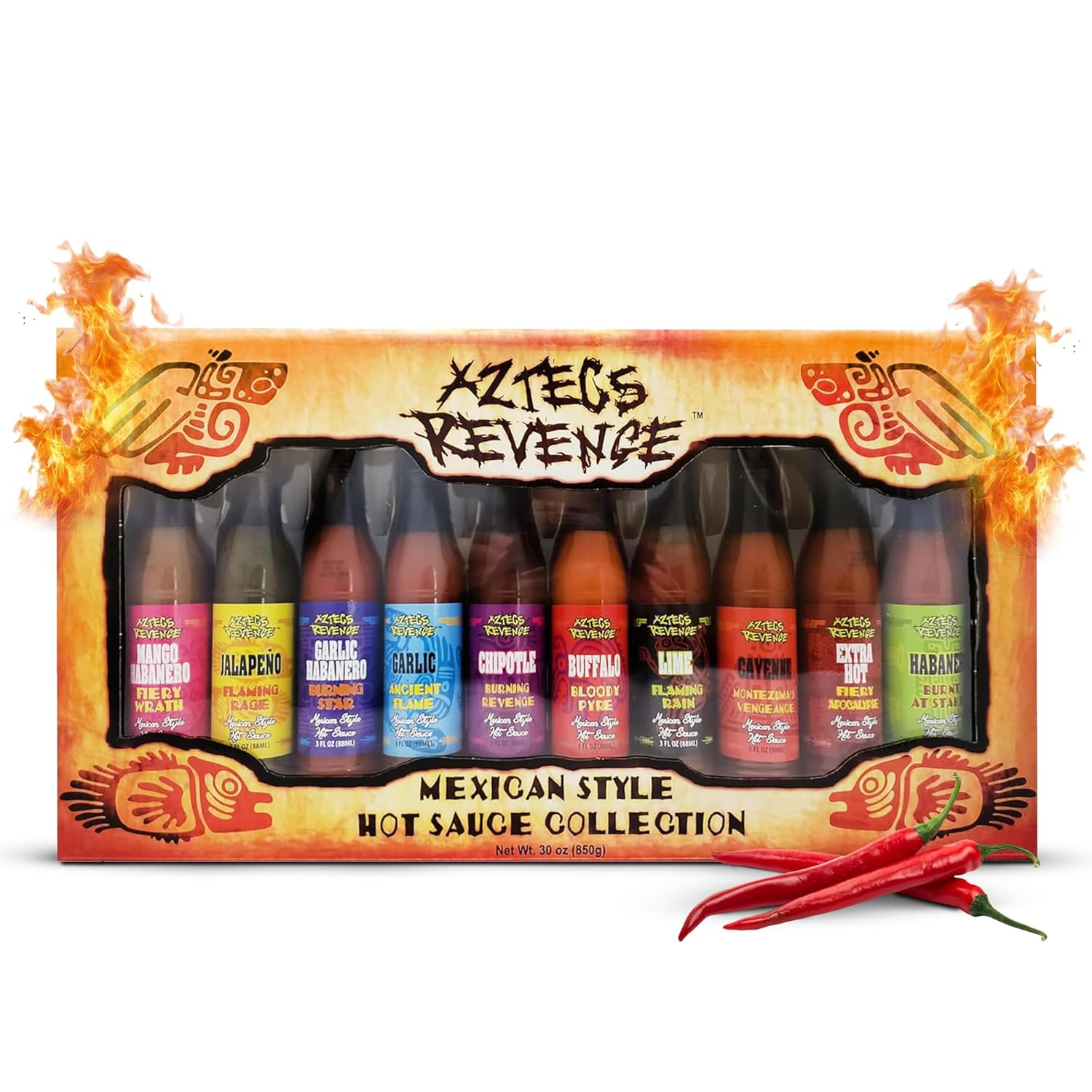 Aztecs Revenge Mexican Style Hot Sauce Variety Pack - 10 Hot Sauce Bottles Gift Set