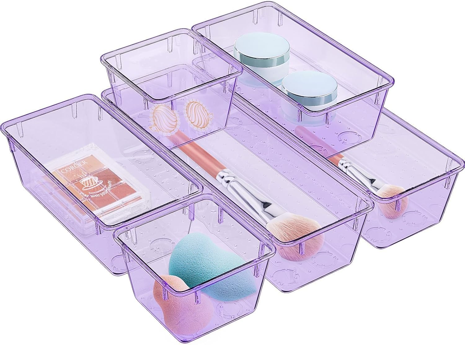 6 Pack Clear Drawer Organizer Set, Acrylic Drawer Storage Trays, Storage Bins for Makeup, Cosmetics, Jewelries, Utensils, Gadgets, Office, Purple