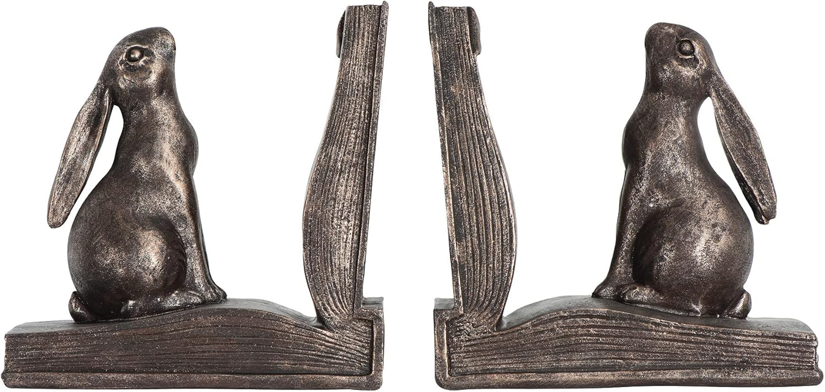 Decorative Rustic Resin Rabbit on Book Bookends, Bronze, Set of 2