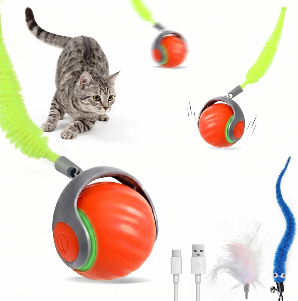Automatic Interactive Cat Toy Ball with 3 Tails,Rechargeable Moving Cat Toy for Indoor Cats,Cat Toys Balls for Indoor Cats|Fun Interactive Cat Toys & Perfect Cat Gifts,Cat Chace Toy,Motion Activated