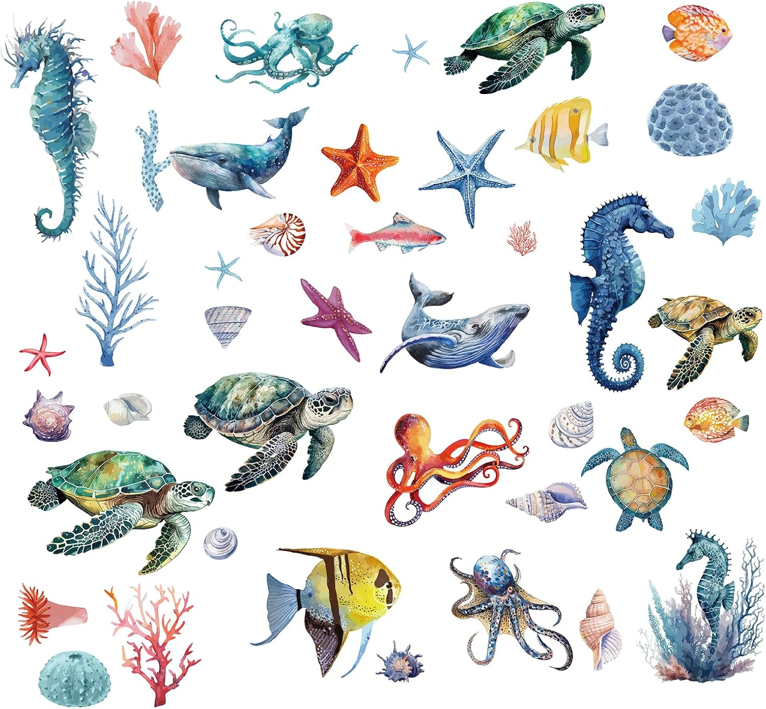 8 Sheets Sea Life Window Decals Stickers Ocean 3D Turtle Seahorse Starfish Co...
