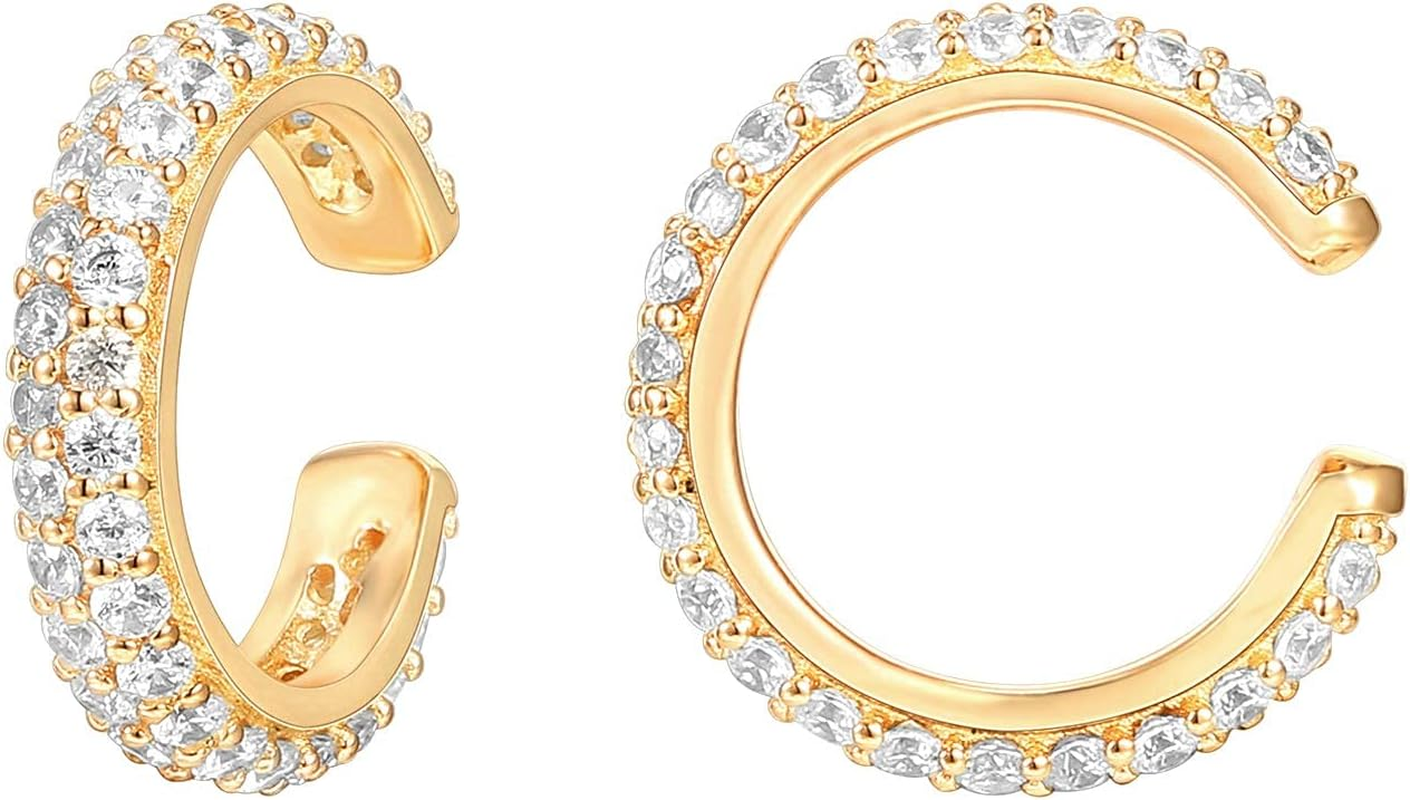 925 Sterling Silver 14K Gold Plated Cubic Zirconia Sparkling round Huggie Ear Cuff Gold Earrings for Women | Clip on Cartilage