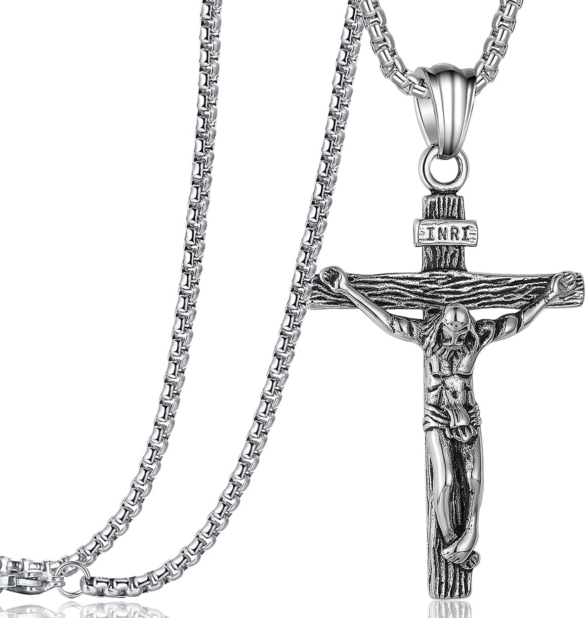Jesus Christ on INRI Crucifix Cross Pendant Necklace for Teens Womens Mens with 24 Inch Stainless Steel Chain
