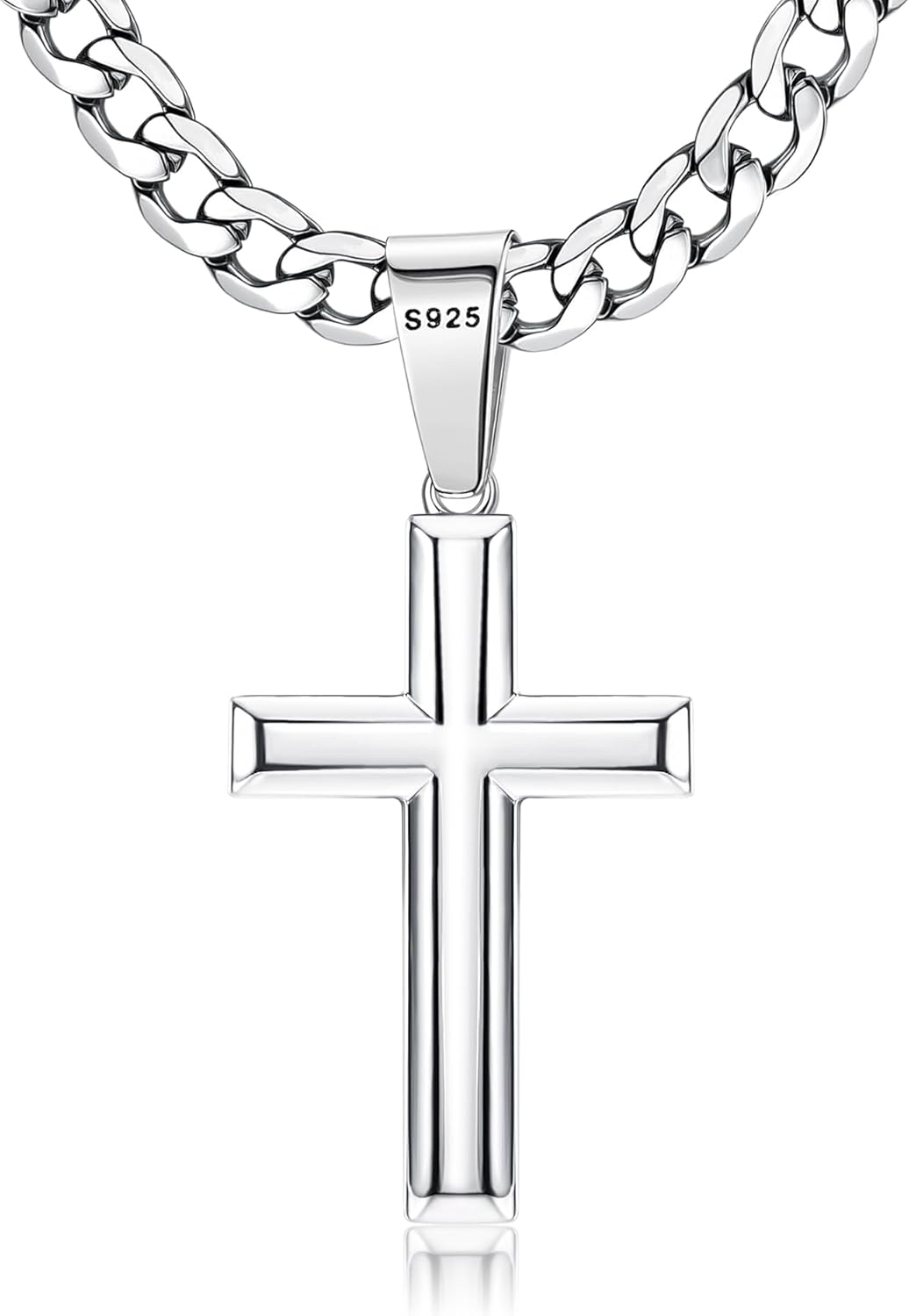 925 Sterling Silver Cross Necklace for Men Women | 5Mm 316L Stainless Steel Diamond-Cut Cuban Link Curb Chain, Beveled-Edge Religous Pendant Jewelry, 16-30'' Christian Baptism Gift
