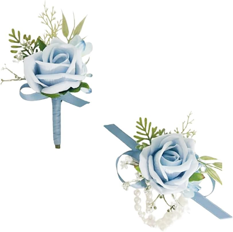 Light Blue Corsage and Boutonniere Set for Wedding Prom, Artificial Rose Babysbreath Flower Wrist Corsage Bracelets, Homecoming Corsage Wristlet, Boutonniere for Men Wedding Suit Decorations
