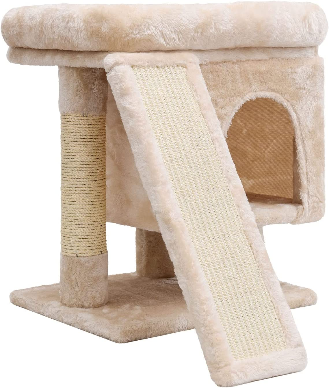 Small Cat Tree for Indoor Large Cats, Kittens Condo with Scratching Post and Board, Modern Activity Tower with Cave (Beige)