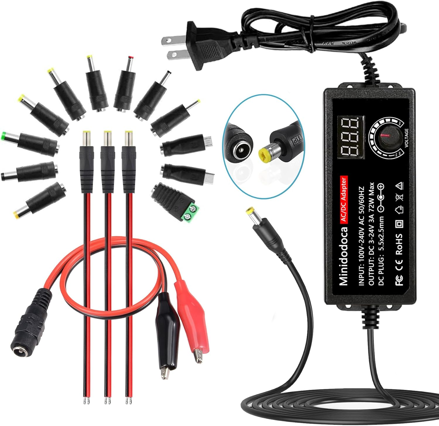 72W Power Supply Adjustable 3V ~ 24V Variable Universal Switching AC/DC Adapter  AC to DC Converter with LED Voltage Display and 16 Tips, for 3V to 24V Household Electronics - 3000Ma Max