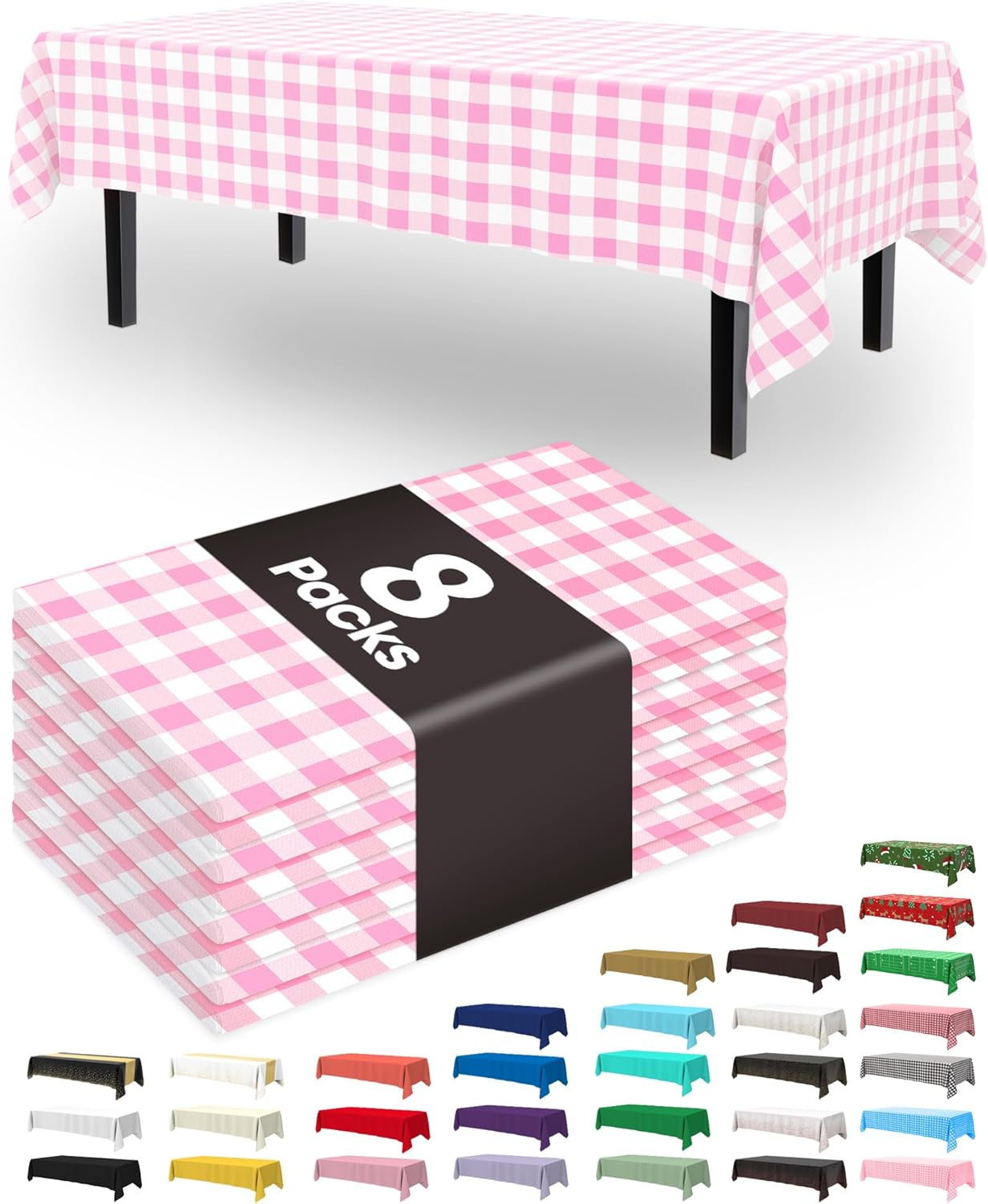 Plastic Table Cloth Disposable 8 Pack, 54 x 108 Inch Table Cloths, Party, Picnic, Decorative Gingham Tablecloths, Rectangle, Pink and White Checkered Cover, Leakproof & Sturdy, Pink Plaid