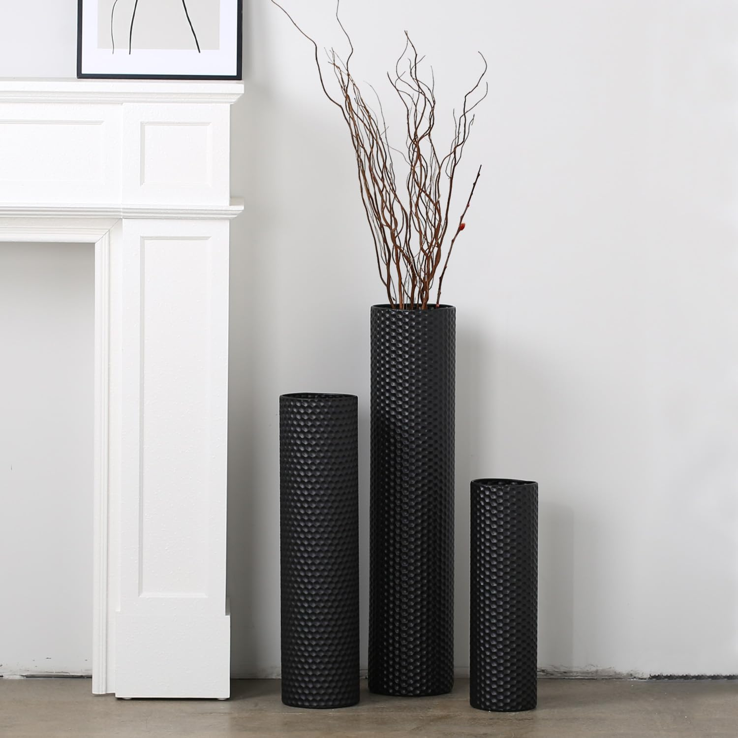 Tall Floor Vases Set of 3 - Black Metal Cylinder Vases for Living Room Corner, Modern Honeycomb Texture, Extra Large Standing Decor (Tallest 27.6In, Home Bedroom Dining Decor)