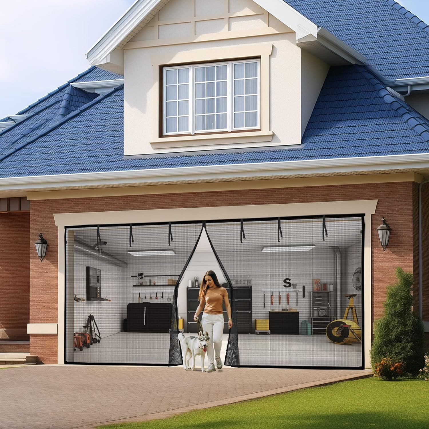 Garage Door Screen 2 Car: 16X8Ft Garage Screen Door Magnetic Closure Garage Bug Screen Retractable Heavy Duty Weighted Bottom Garage Screen, Hands Free, anti Annoying Plants and Animal Out