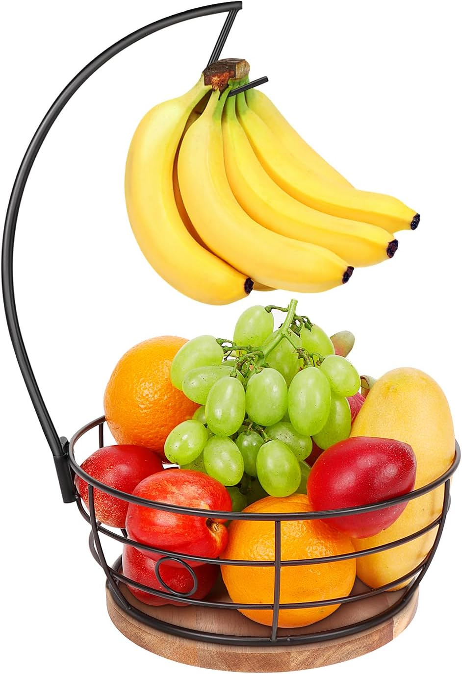 Countertop Fruit Basket Bowl with Banana Hanger, Modern Standing Fruit Vegetable Bowl Storage, with Banana Tree Holder for Kitchen Dinning Table (Round Wood, Black)