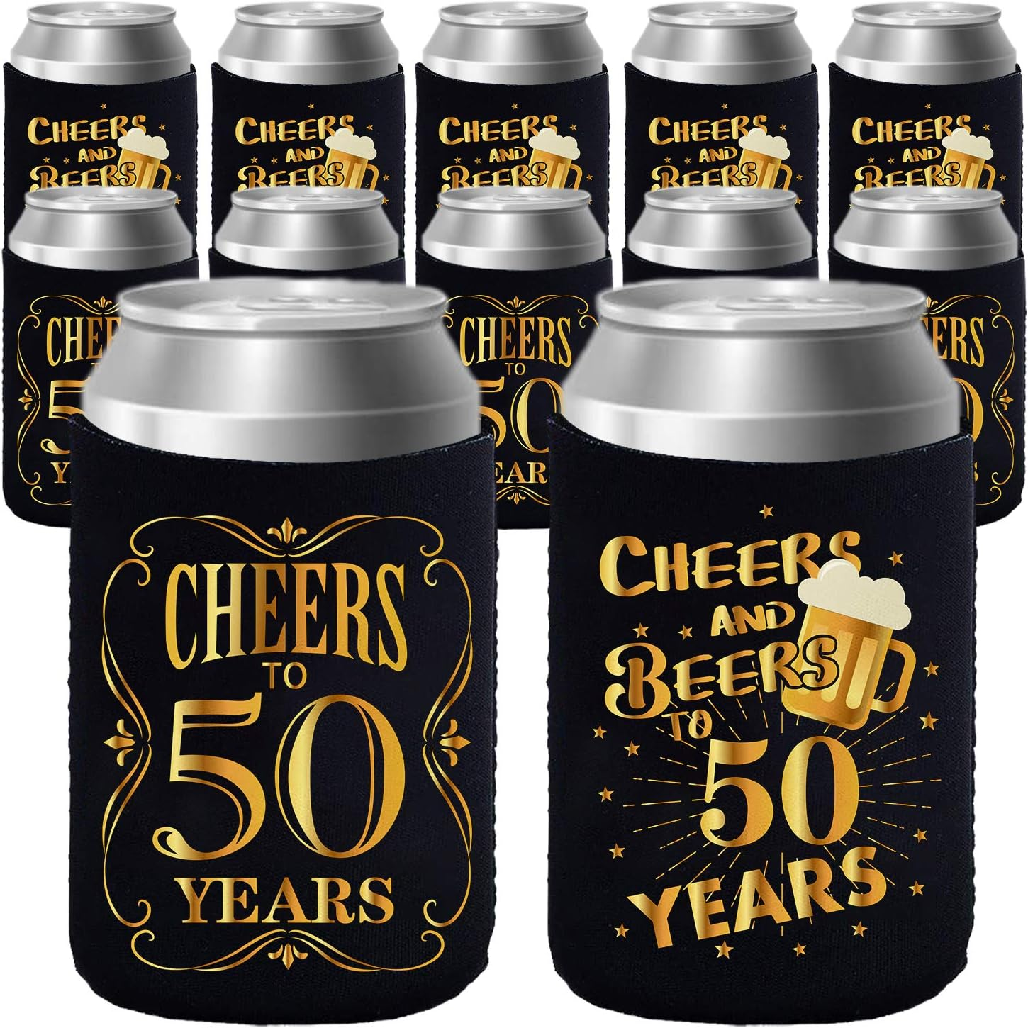 50Th Birthday Party Decorations Can Cooler Sleeves, Neoprene Can Sleeves for Beer - 50Th Anniversary Decorations and Birthday Gift for Men & Women, Black & Gold (12 Pcs)