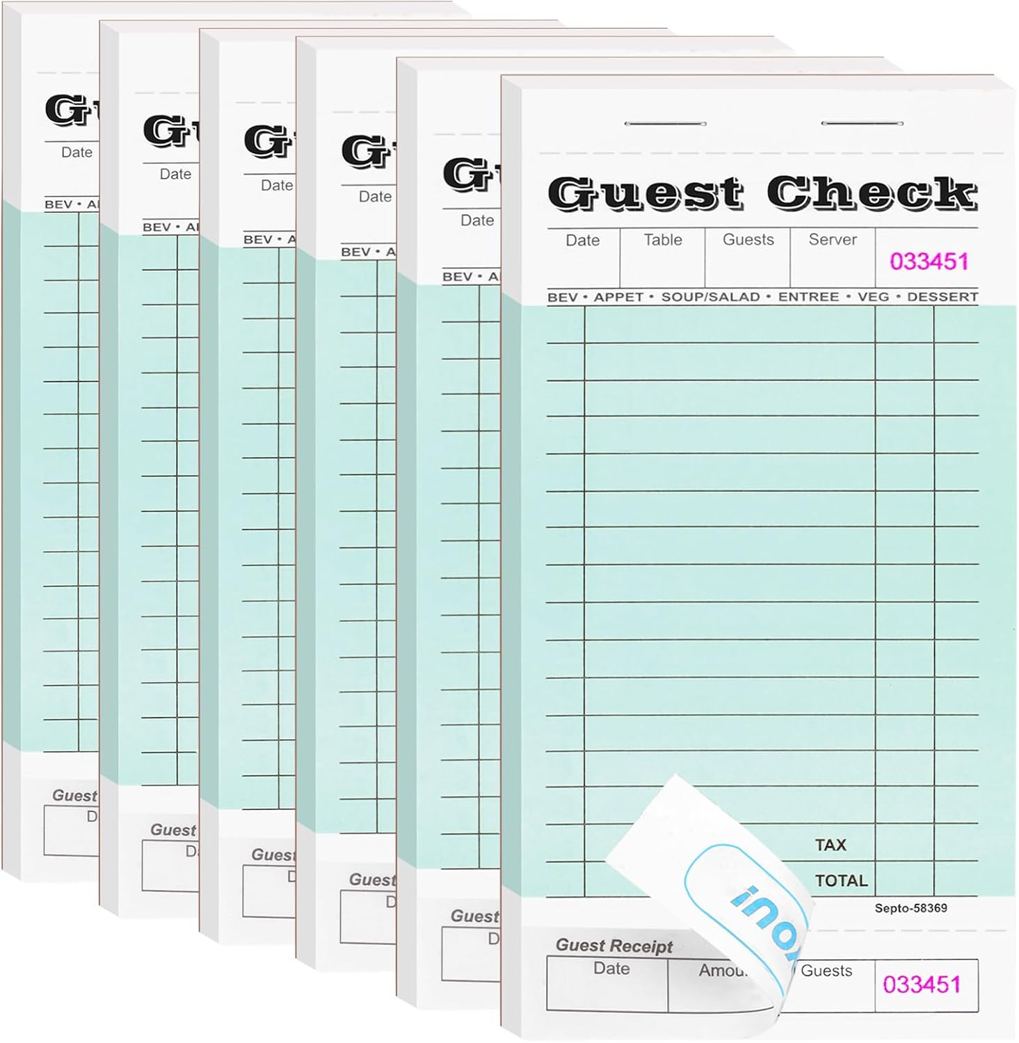 6 Pack Server Note Pads, Guest Check Books for Servers, Guest Checks Notepad for Waiter Waitress Servers, Waitress Notepad for Restaurants Food Order, 50 Sheets/Pad, Green Guest Check