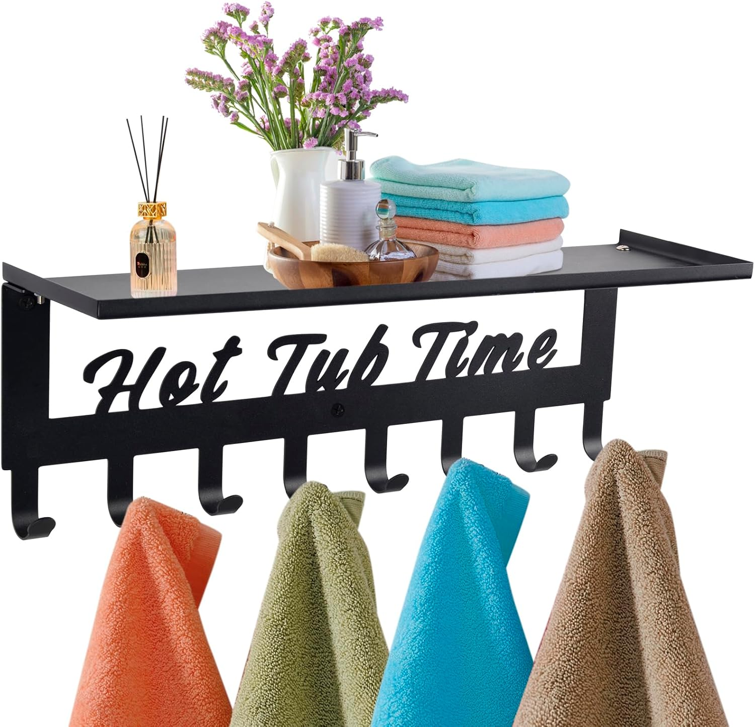 Hot Tub Towel Rack with Shelf - Metal Towel Rack Hanger for Hot Tub, 8 Curved Hooks, Wall Mounted, Hot Tub Accessories for Coats Robes Bathrobes in Bathrooom Hotel, Hot Spring, Pool, Home Spa (Black)